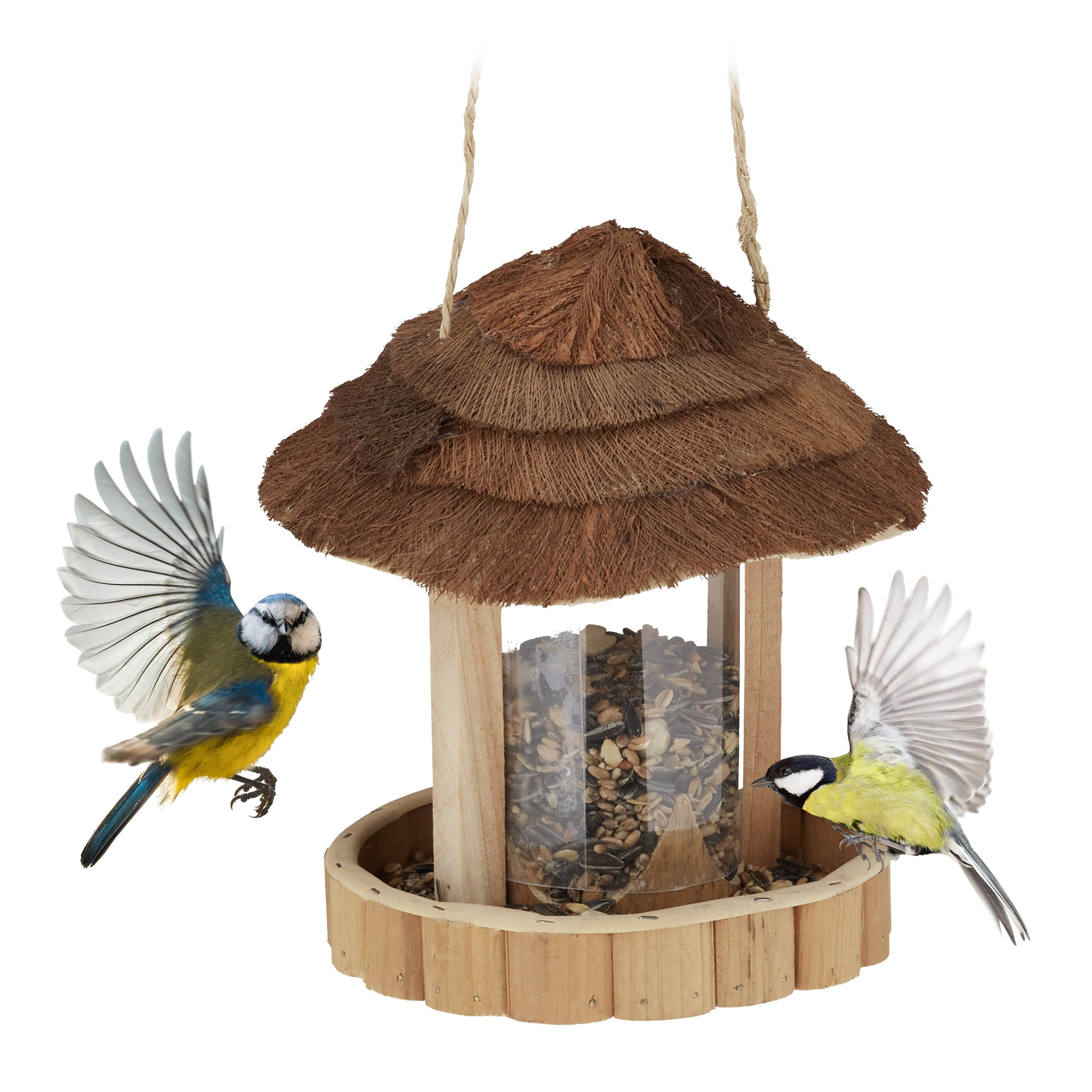 Relaxdays Mangeoire à oiseaux à suspendre, idée cadeau, H x L x P : 17 x  14,5 x 11,5 cm, en bois et fer, nature