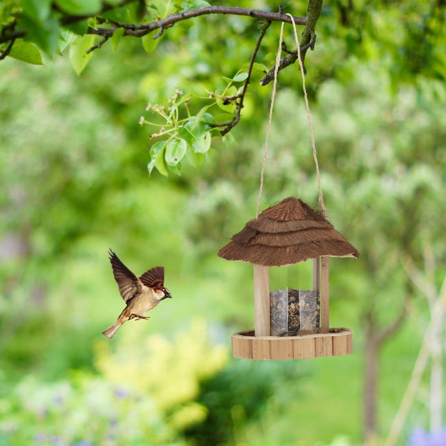 Relaxdays Mangeoire à oiseaux, en bois, à suspendre, H x D : 20x 18 cm,  toit amovible, plastique, fibres de coco, nature