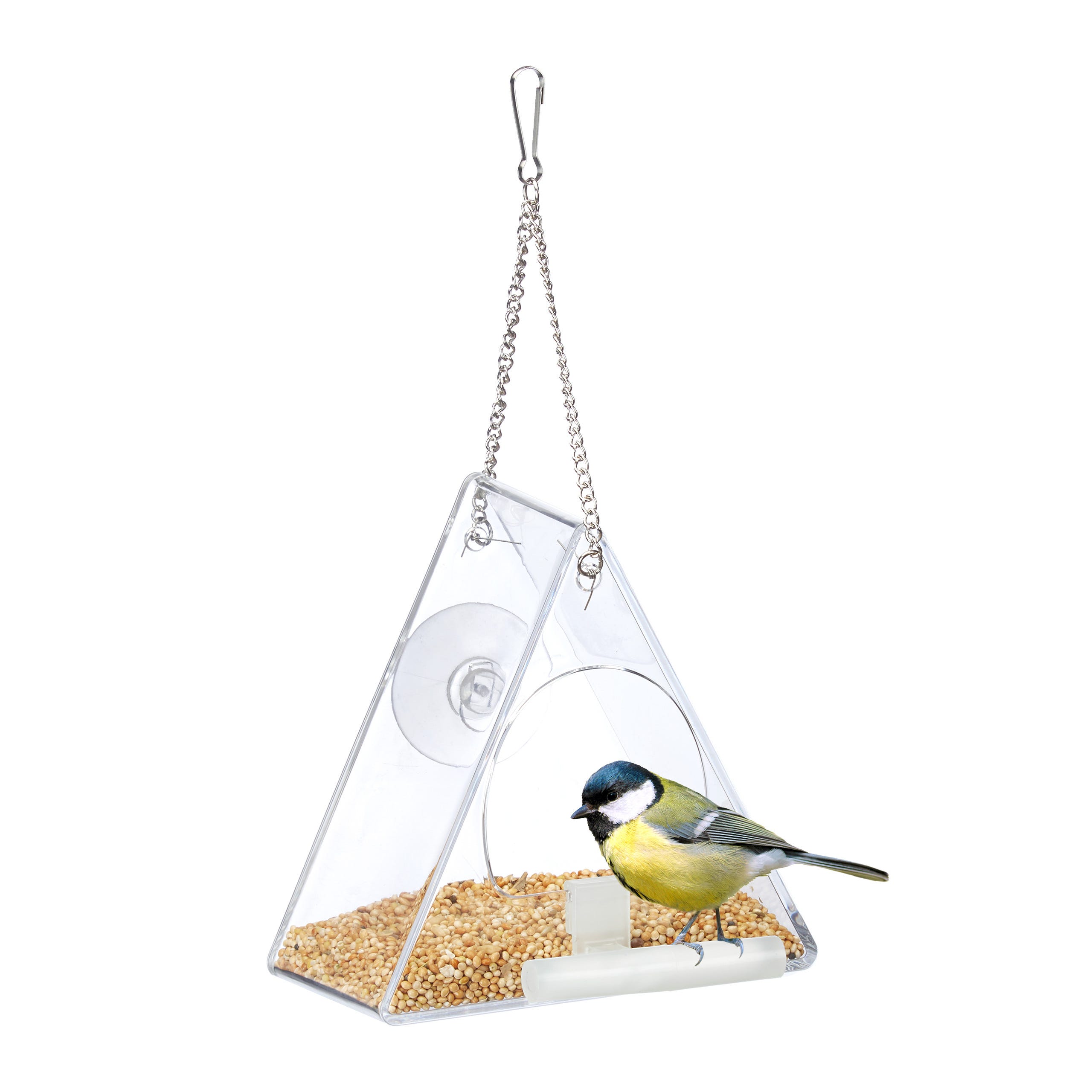 Relaxdays Mangeoire à oiseaux, Distributeur nourriture, acrylique,  suspendre, fenêtre, 13 x 12,5 x 7,5 cm, transparent