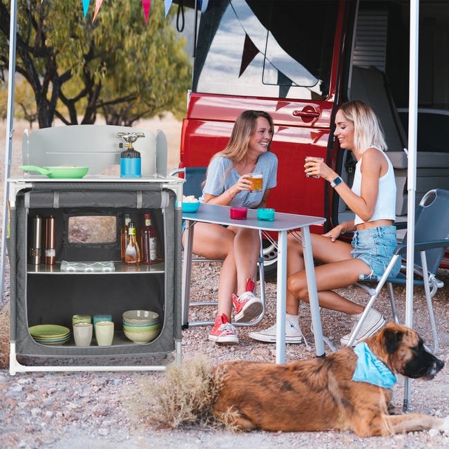 Relaxdays Mobile Cucina da Campeggio con Paraschizzi, HLP: 83x76x53 cm,  Custodia per il Trasporto, Armadietto, Grigio