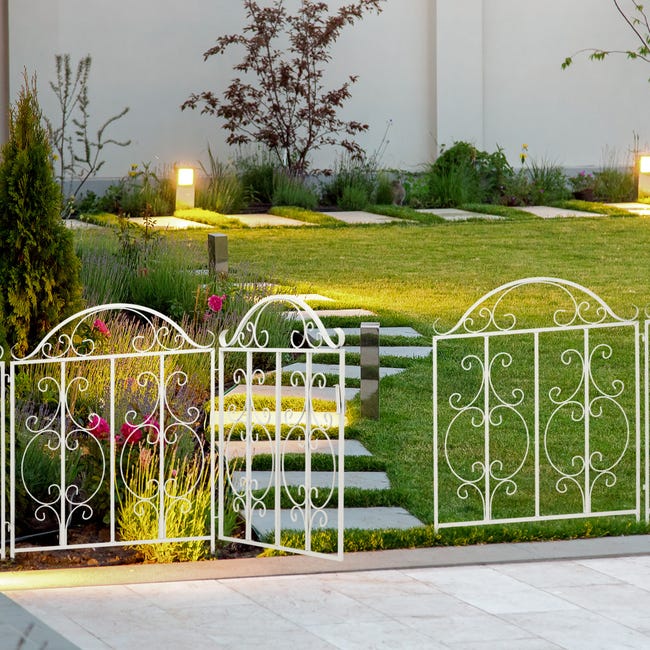 Relaxdays Portillon de jardin, 3 pièces, acier, porte avec ornements, 2  éléments de clôture, HxL : 98,5 x 185 cm, blanc