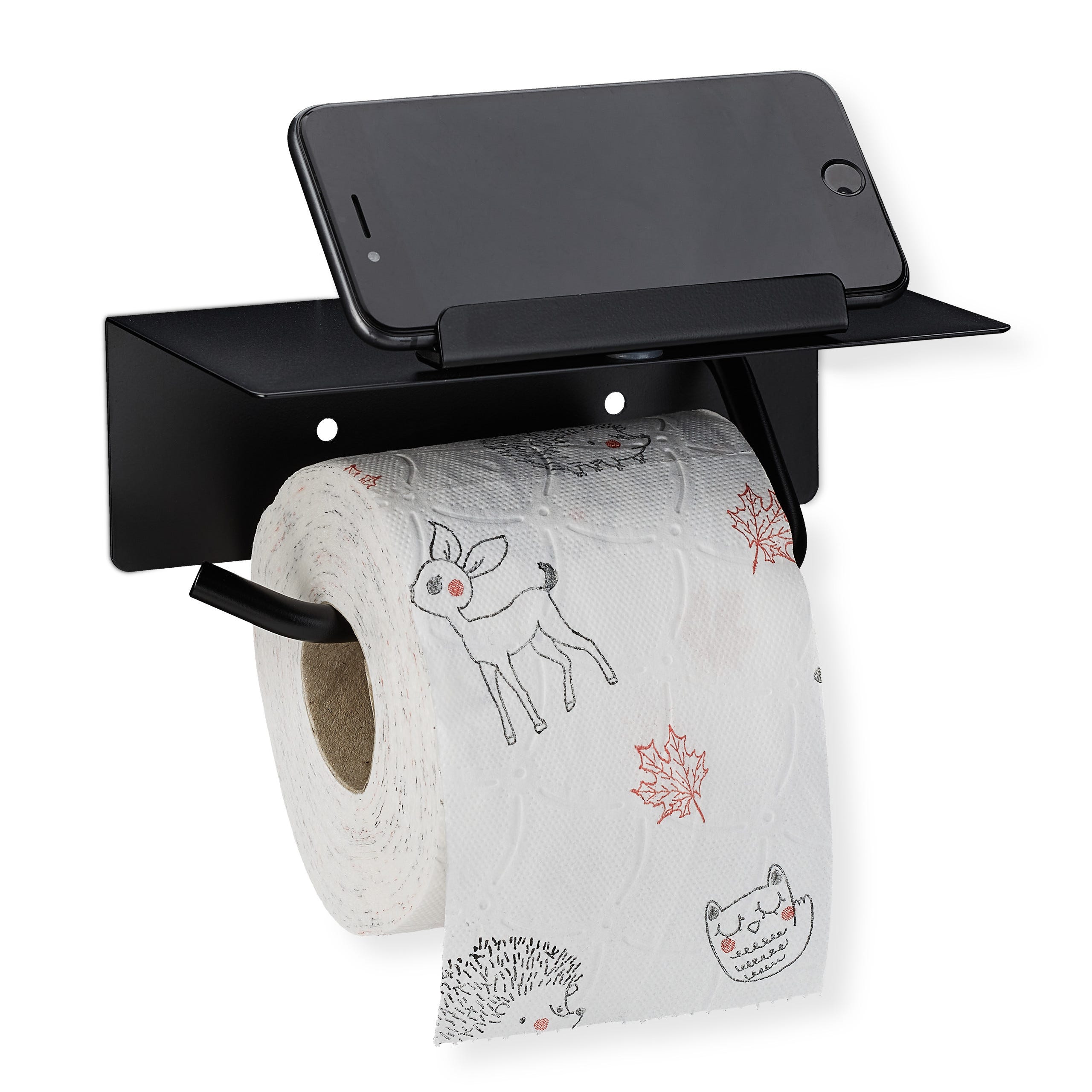Relaxdays Porte-papier toilette avec support pour portable, montage mural  avec et sans perçage, en inox 430, noir mat
