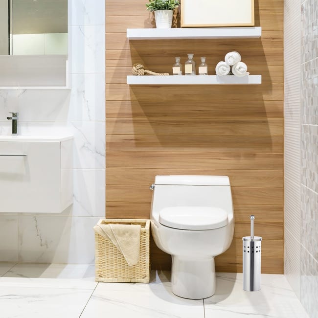 Relaxdays Brosse WC, avec récipient, plastique et bambou, autonome