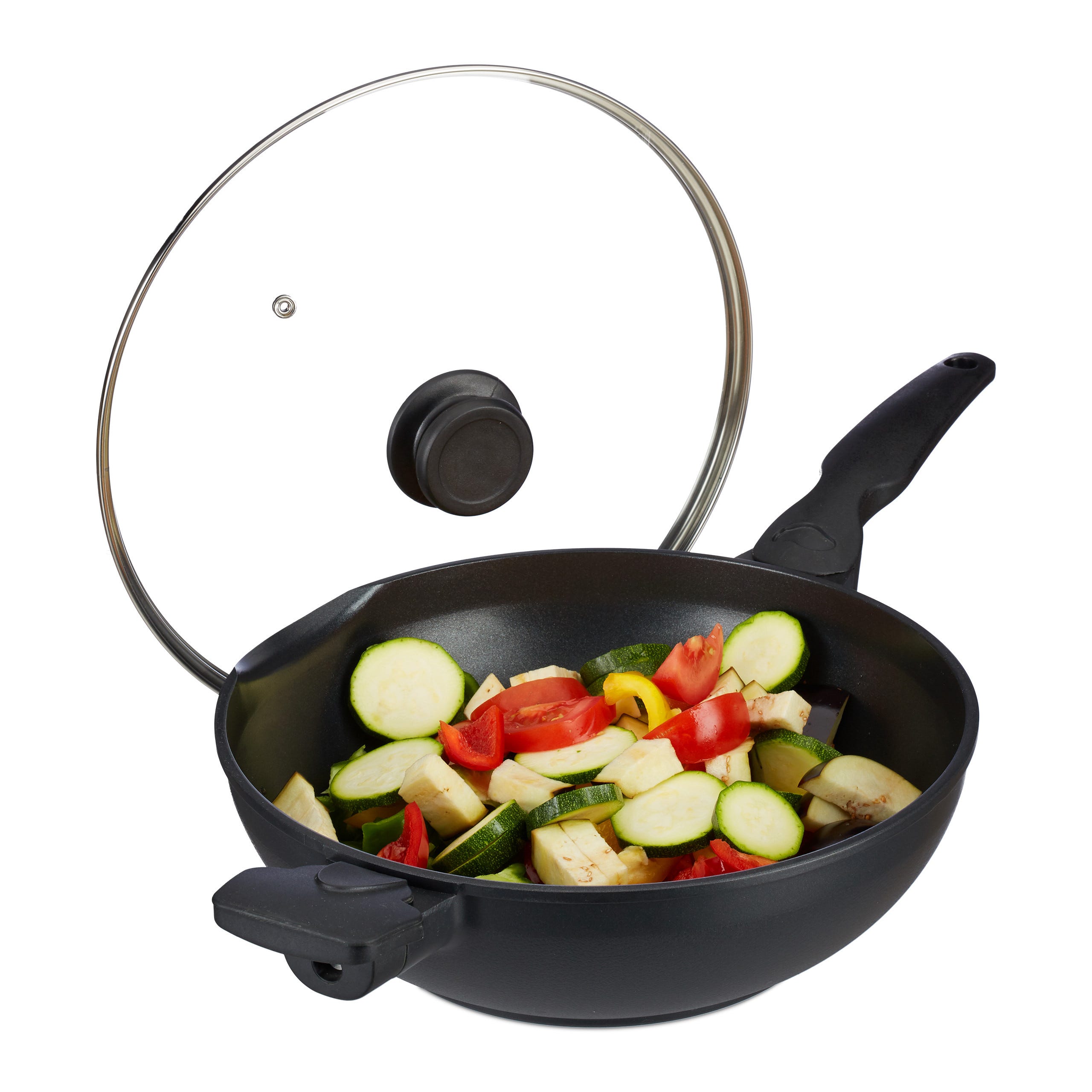 Relaxdays Pentola wok con coperchio di vetro 30 cm padella antiaderente  fornelli a gas e elettrici manici 4 litri nero
