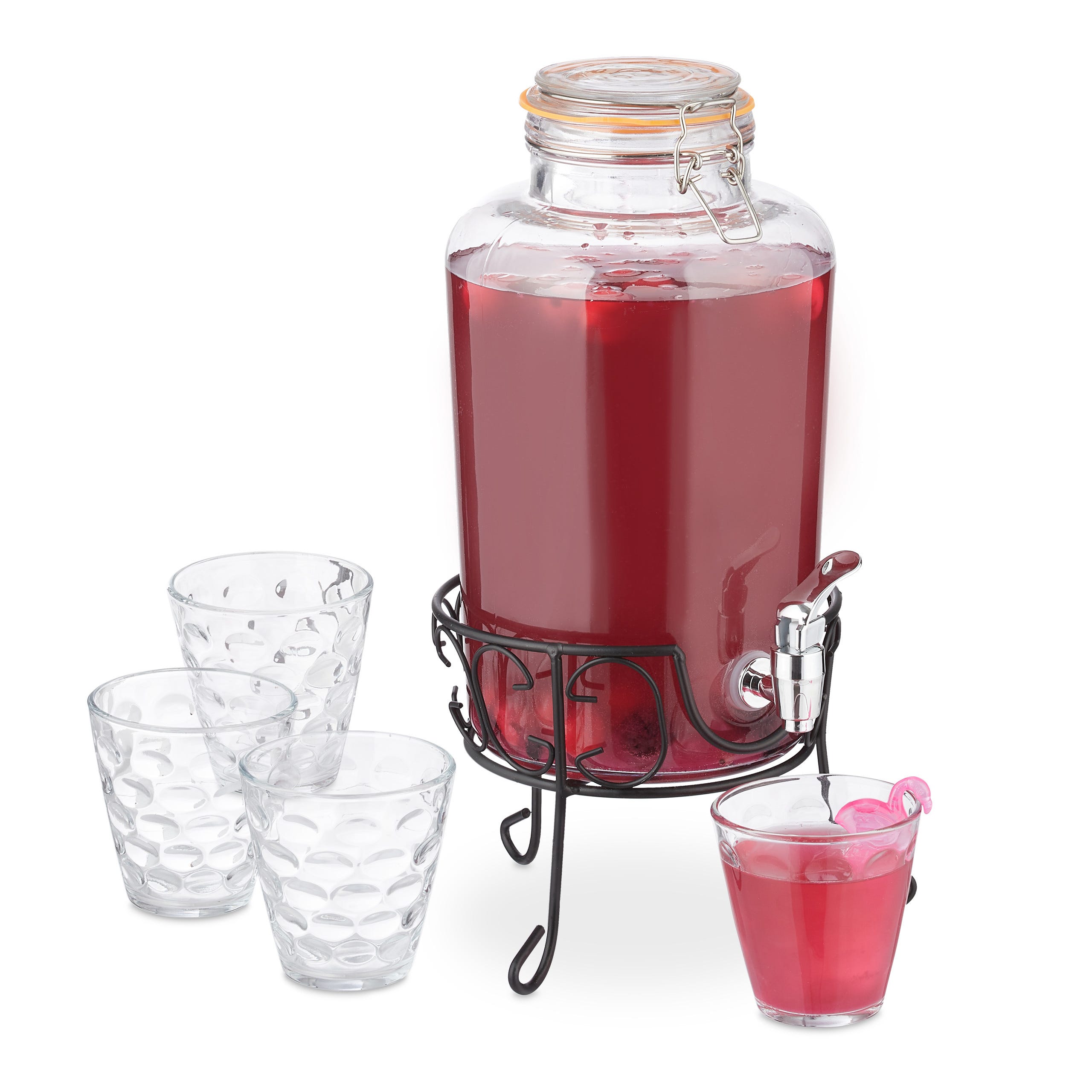 Relaxdays Distributeur de boisson en set, 4 litres, avec robinet et  support, fontaine rétro avec 4 verres, transparent