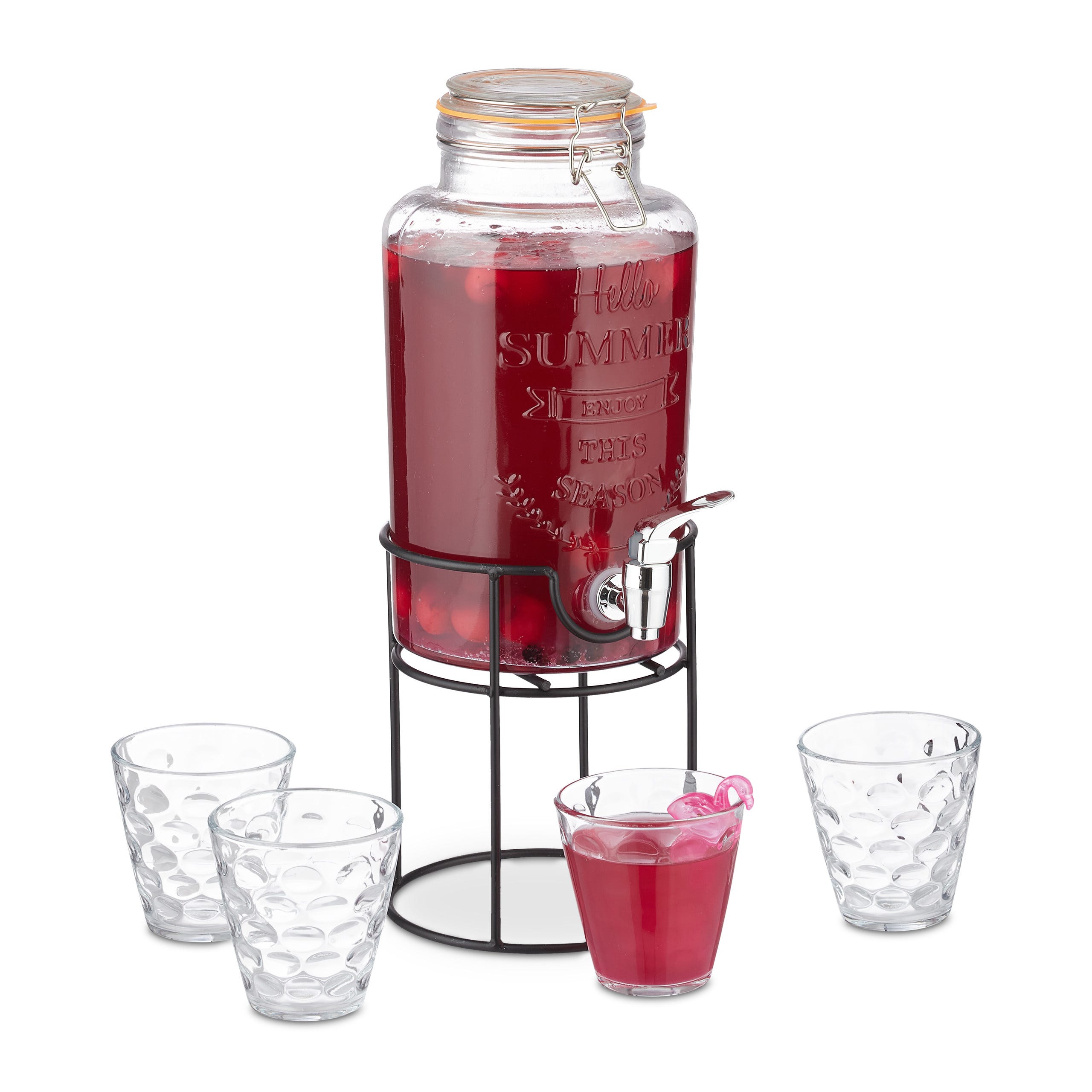 Relaxdays Distributeur de boisson en set, avec 4 verres, fontaine à jus avec  robinet, jarre de 3,4 l, transparent