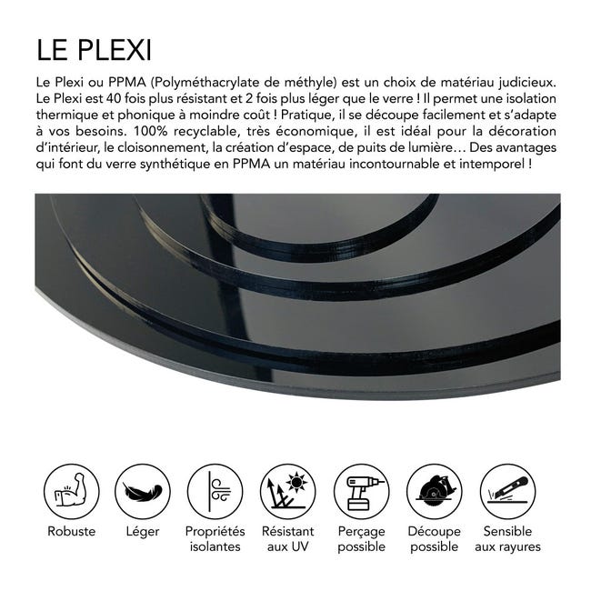 Plaque de verre synthétique ronde noir 2 mm ou 4 mm 95 cm (950 mm