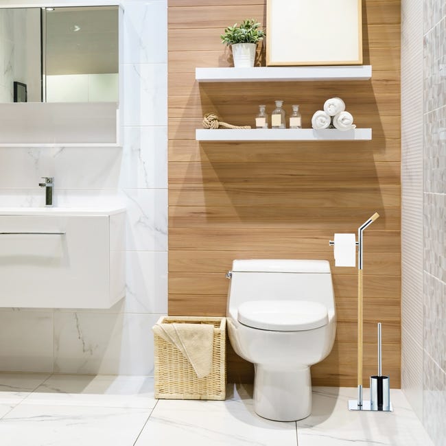 Relaxdays Ensemble support brosse WC porte-papier toilettes chromé salle de  bain HxlxP: 90 x 24 x 20 cm, argenté-nature