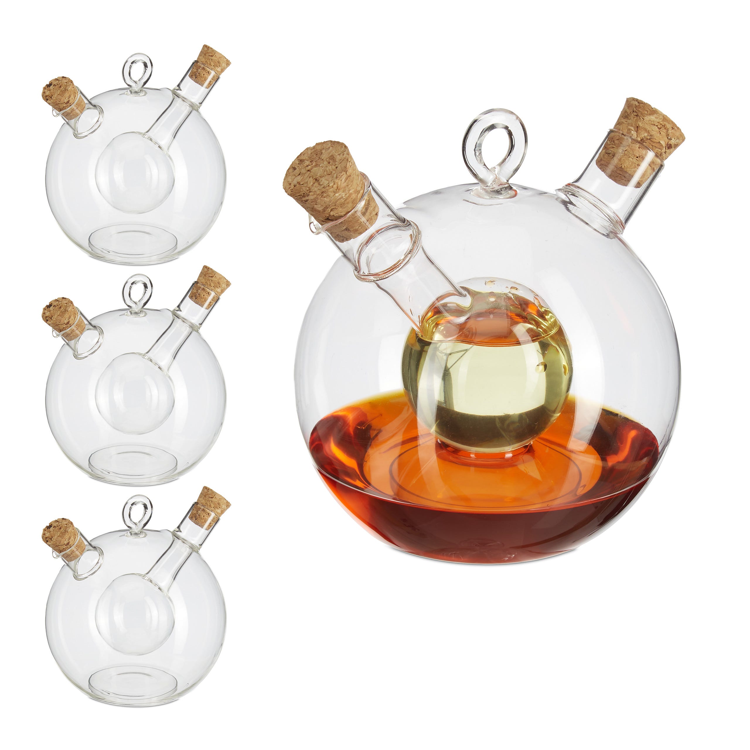 4x Porta Olio e Aceto, 2in1, Bottiglie con Tappo in Sughero, Ampolla  Doppia, 375 ml e 50 ml, vetro, trasparente