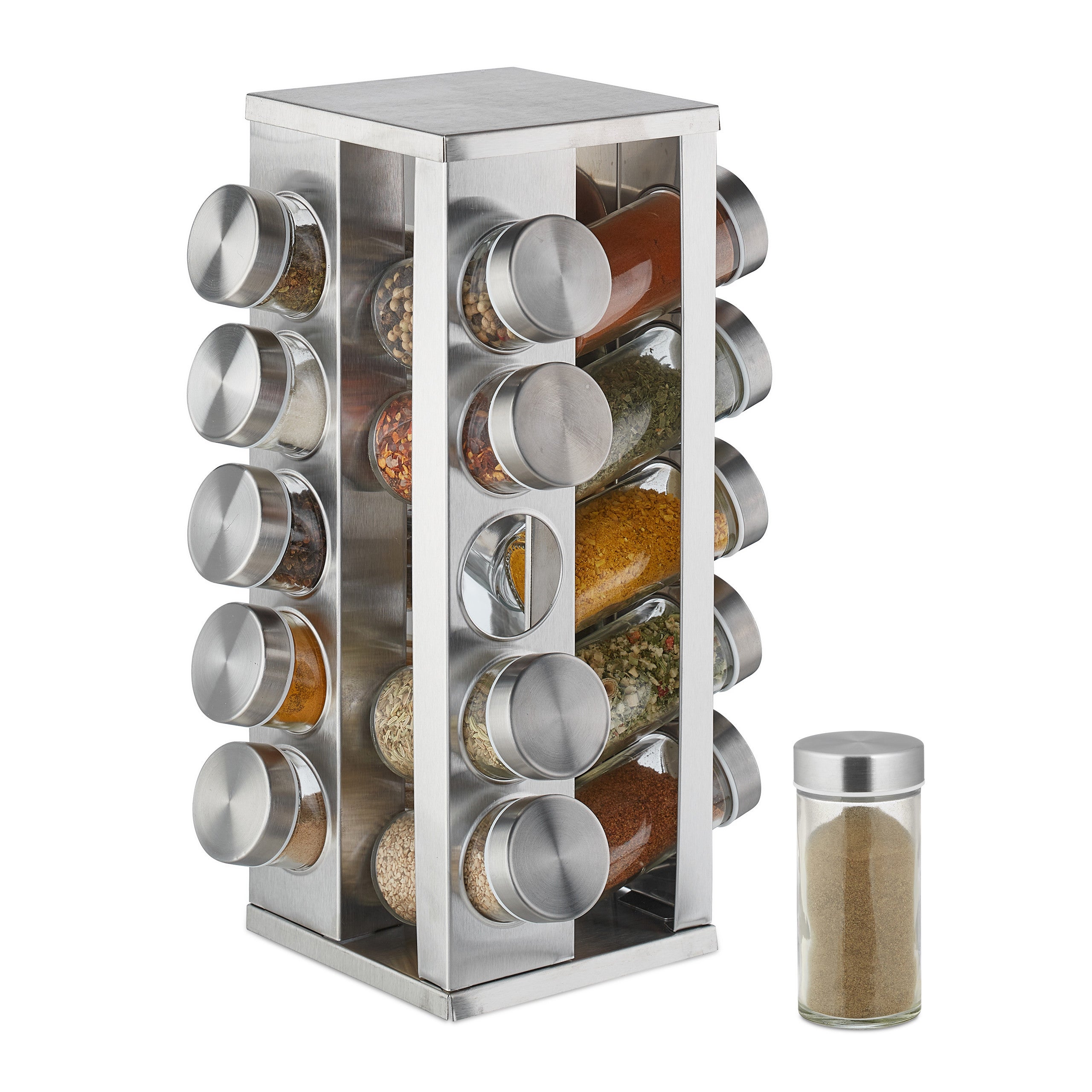 Tourniquet à épices, avec 16 Pots, étagère rotative à 360°, INOX, Verre,  présentoir, HxD 26 x 18.5 cm, Argent