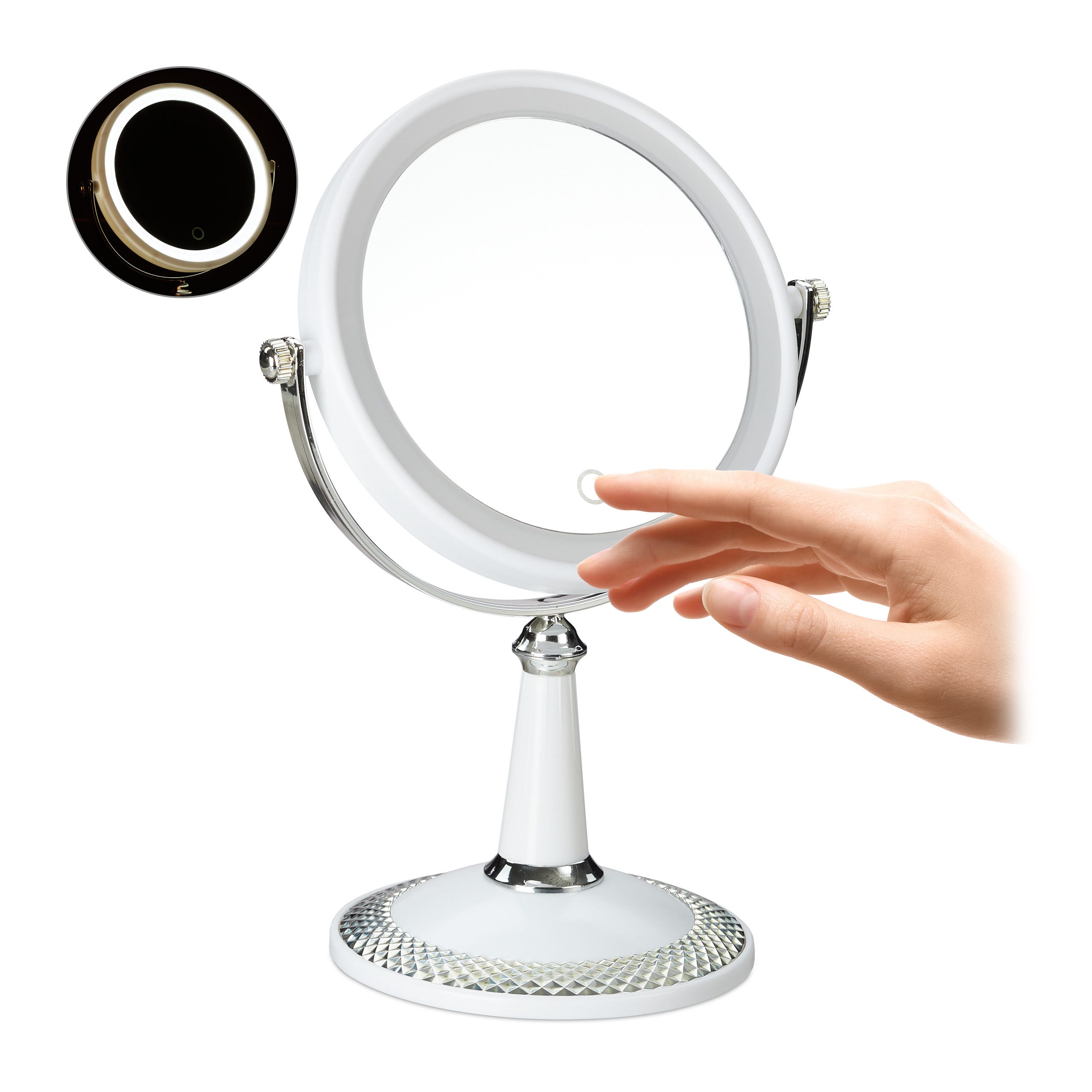 Relaxdays Specchio Trucco con Illuminazione LED, Specchietto Girevole a  Batterie, da Tavolo, 28,5x20,5x13,5 cm, bianco