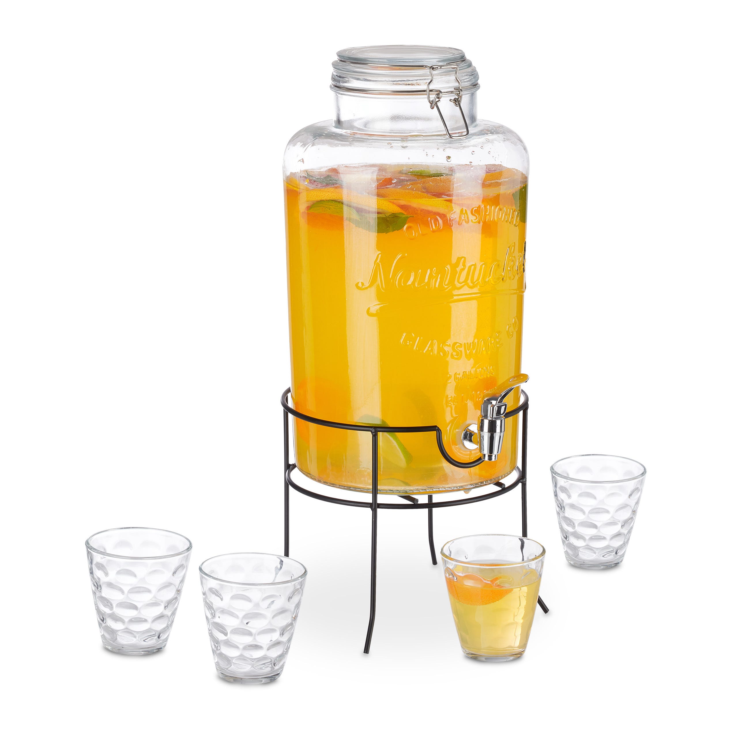 Relaxdays Distributeur de boisson en set, fontaine à eau 8,3 l, 4 verres,  support, jarre à jus avec robinet, transparent