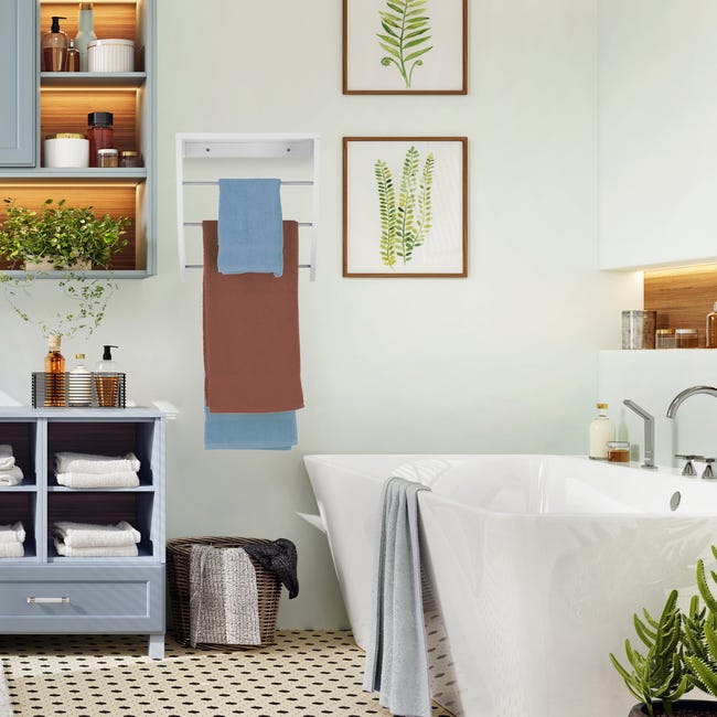 Relaxdays Porte-serviettes mural, HxLxP: 44 x 56,5 x 23 cm, tablette & 3  barres, support serviettes salle de bain, blanc