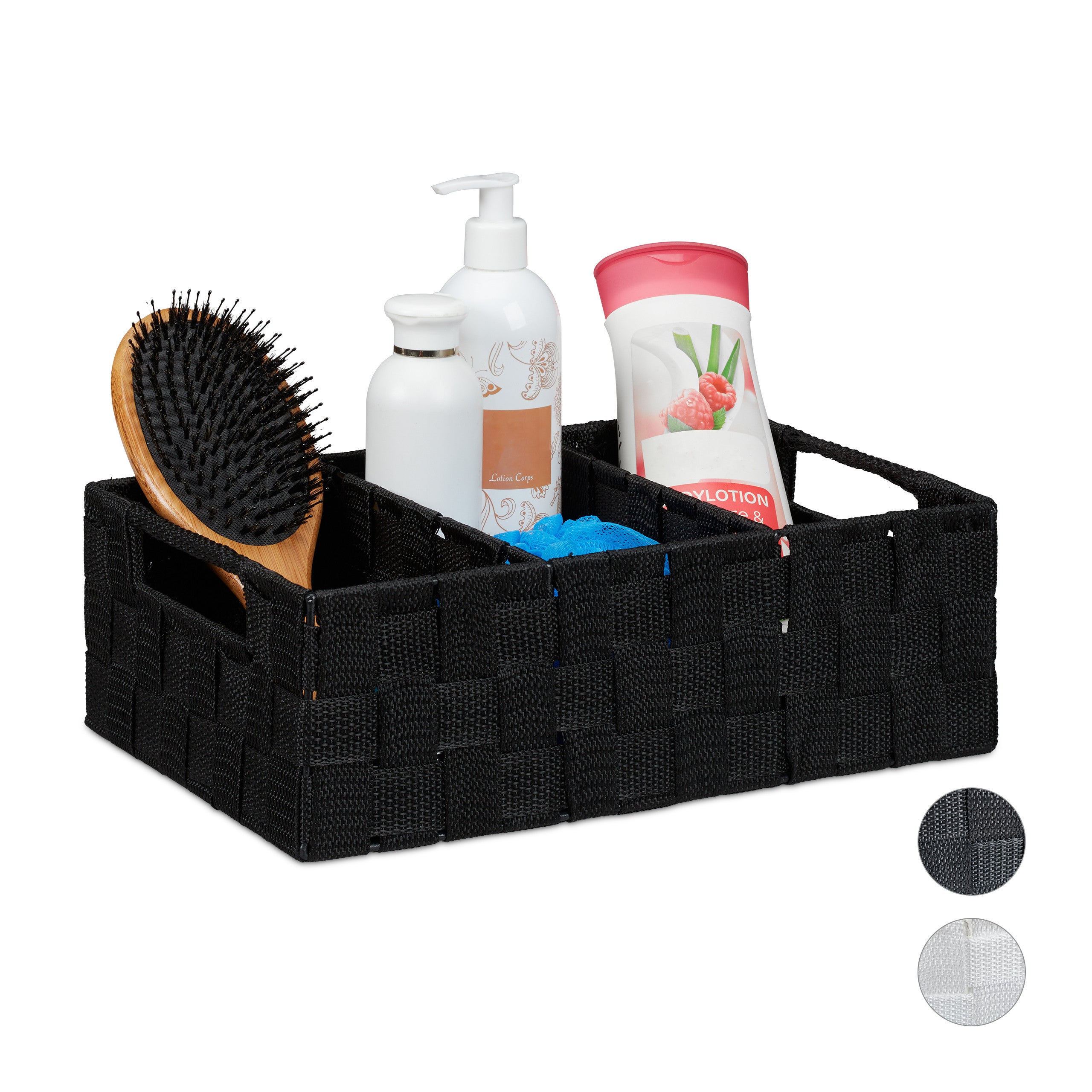 Relaxdays Cestino Portaoggetti con Scomparti, per i Cosmetici da Bagno, con  Impugnature HxLxP: 10 x 32 x 21 cm, Nero