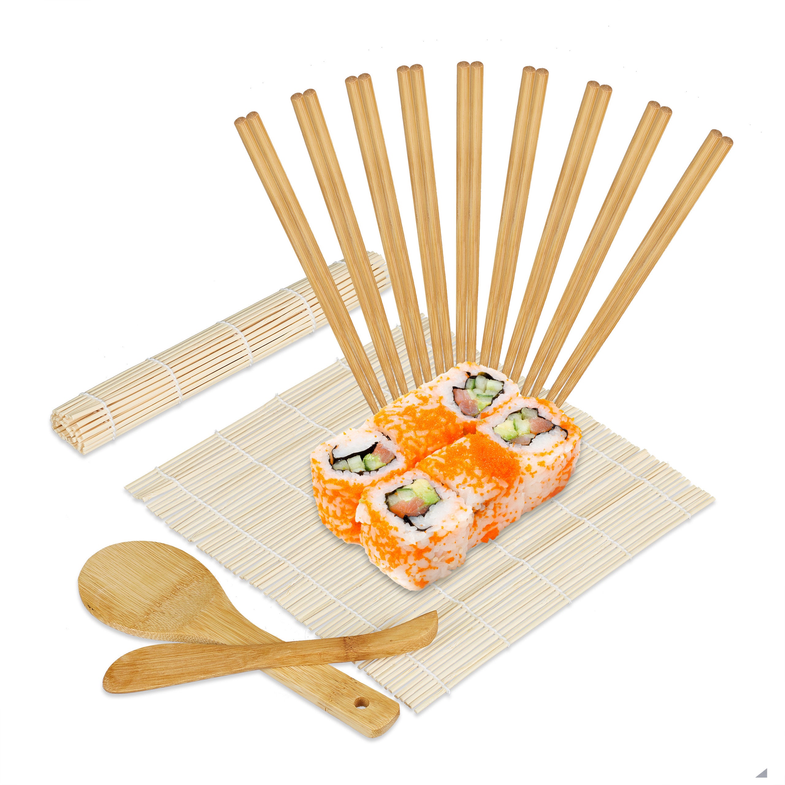 BESTOMZ 15pcs Kit de fabrication de sushis en bambou Comprend 2 tapis roulants pour sushis 1 serviette 1 pagaie de riz 1 épandeur de riz 5 paires de baguettes 