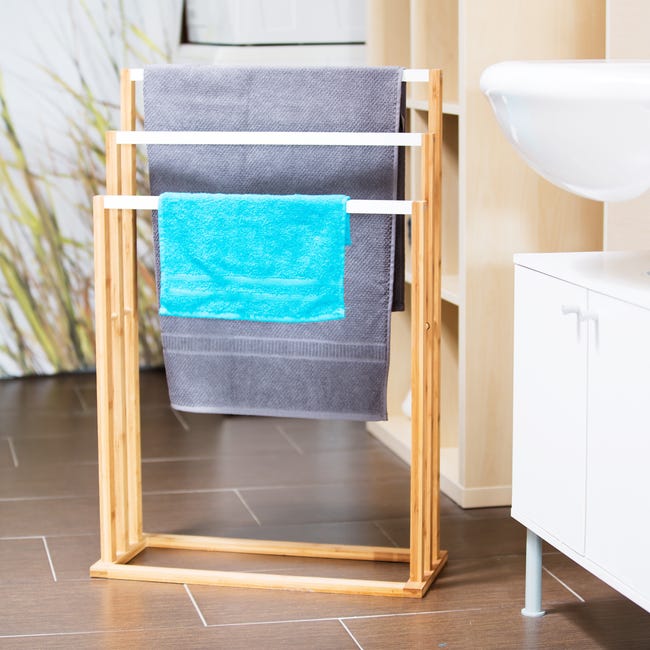 Relaxdays Porte-serviettes ,3 barres, bambou, support sur pied, accessoires  salle de bain, serviteur de chambre, nature