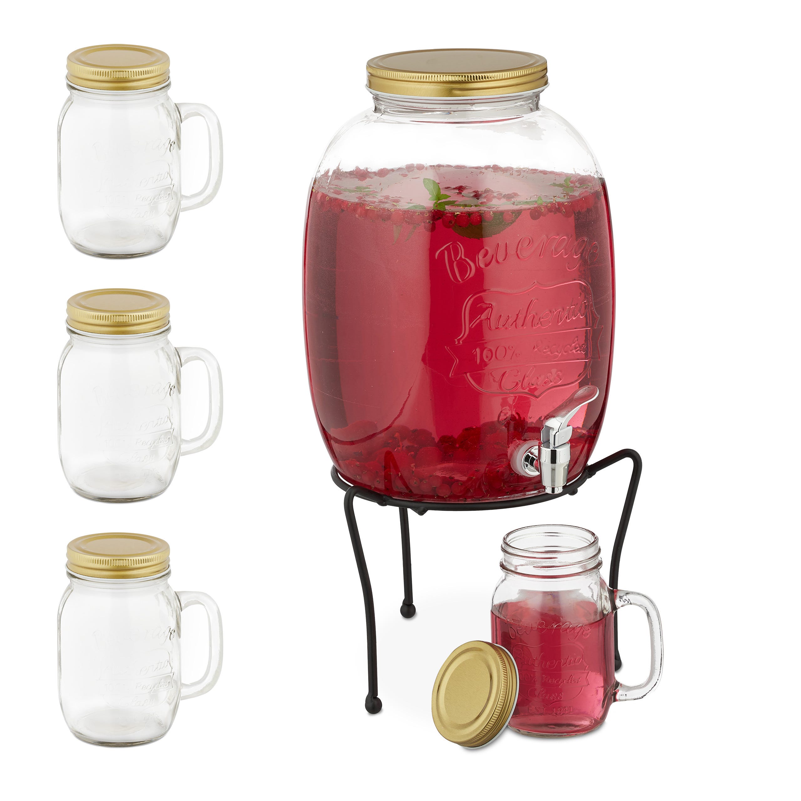 Relaxdays Distributeur de boisson 5 L, limonade, carafe verre robinet,  retro vintage, fontaine boisson, transparent