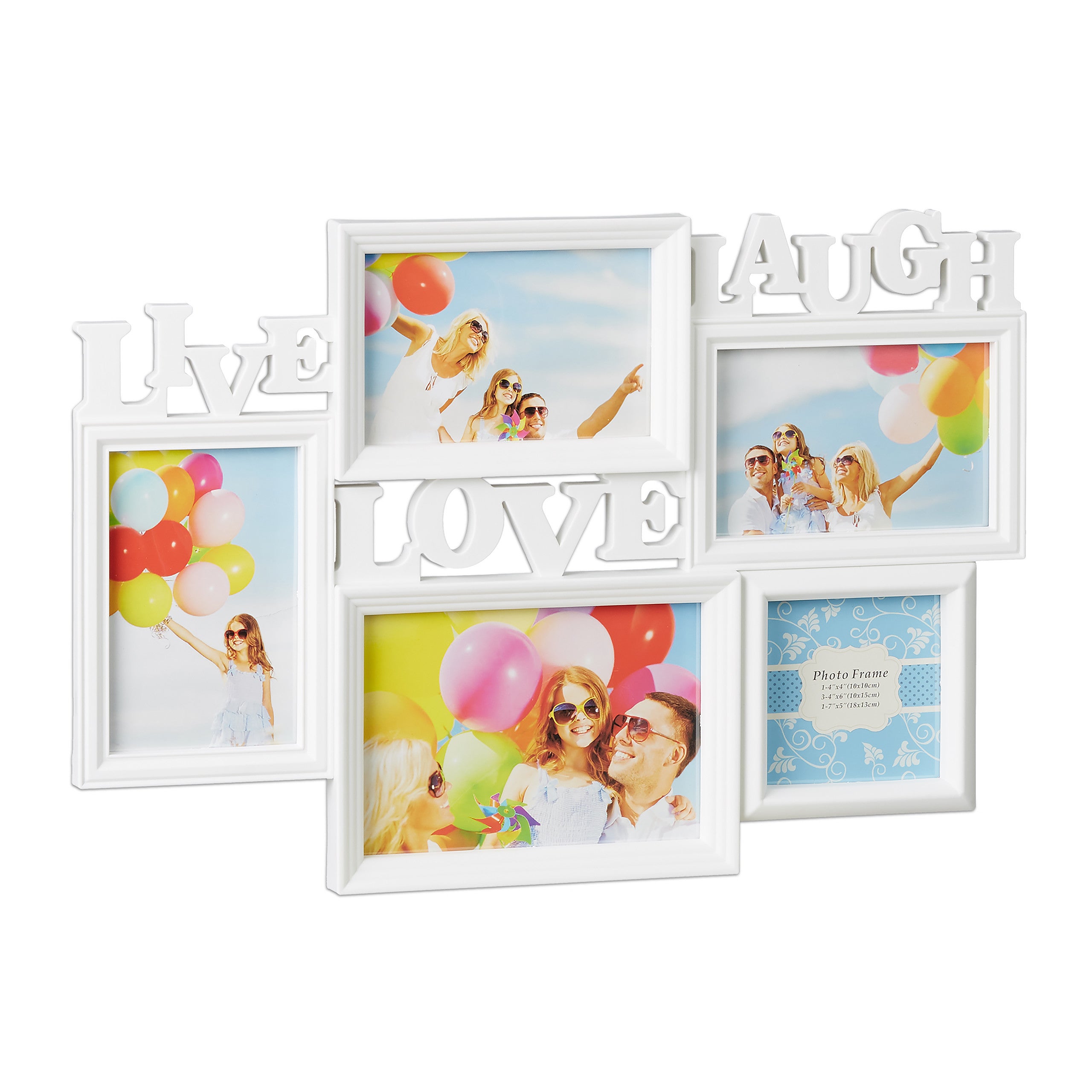 Relaxdays Cornice Multifoto Live Love Laugh, Portafoto da 5 Foto Diverse  Misure, Collage 3D 31x45,5, Decorazione, Bianco