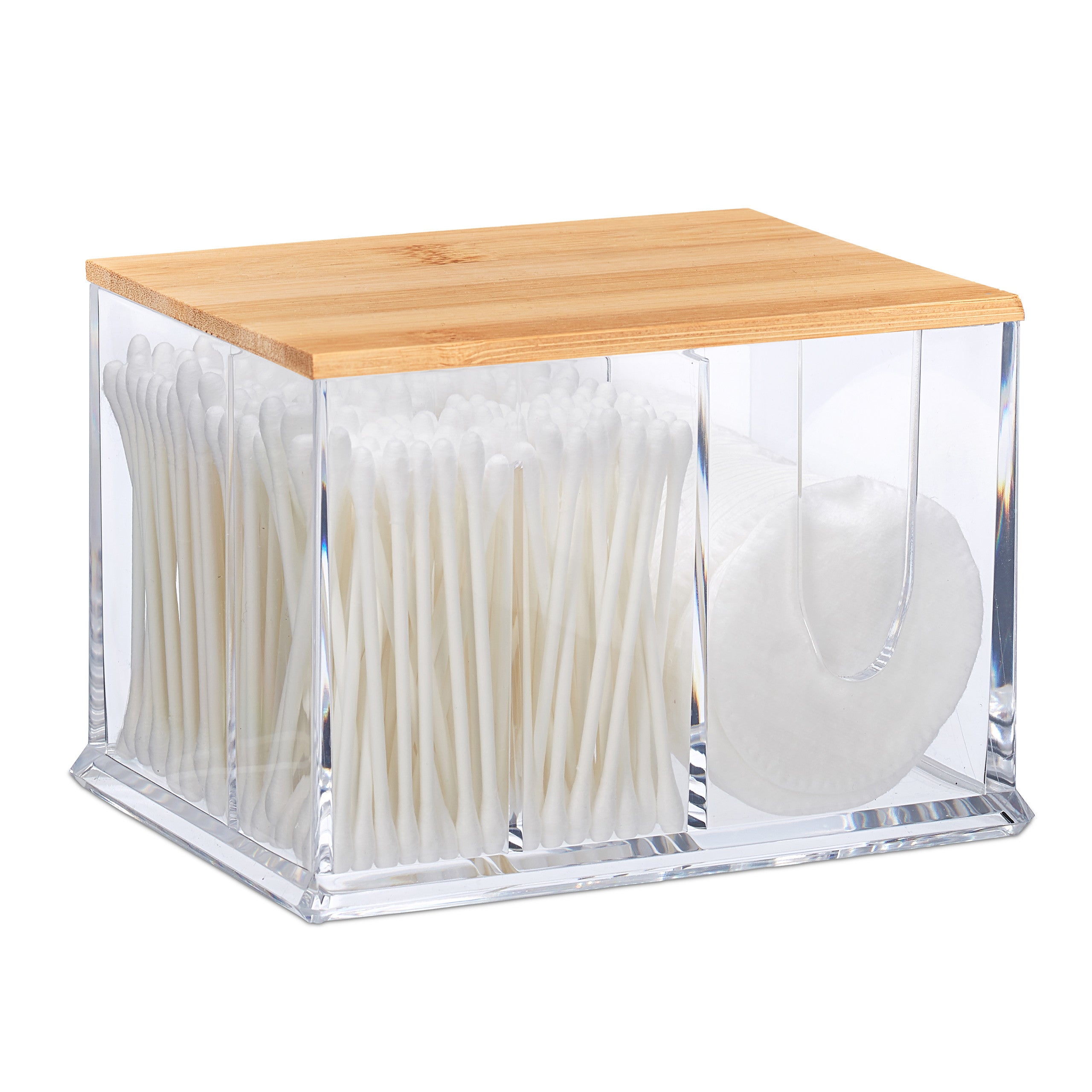 Distributeur coton-tiges transparent et bambou 9x6.5x8cm