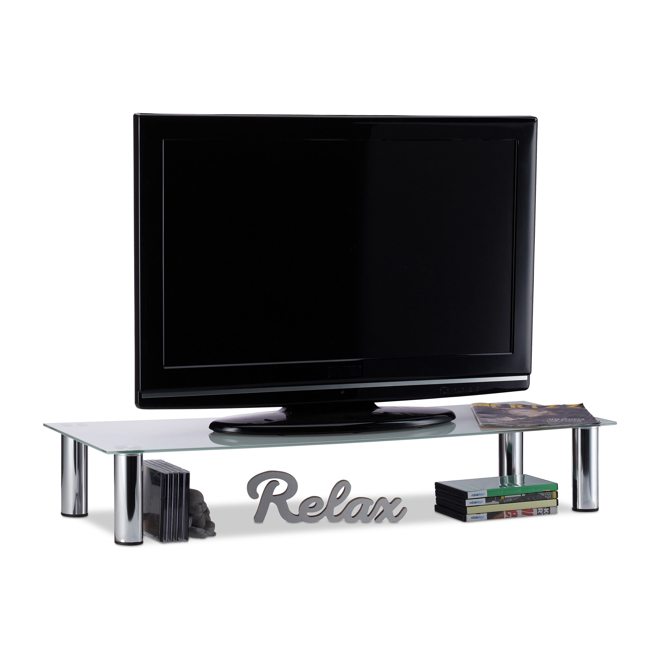 Relaxdays Table TV, pieds métalliques chromés, élévation écran