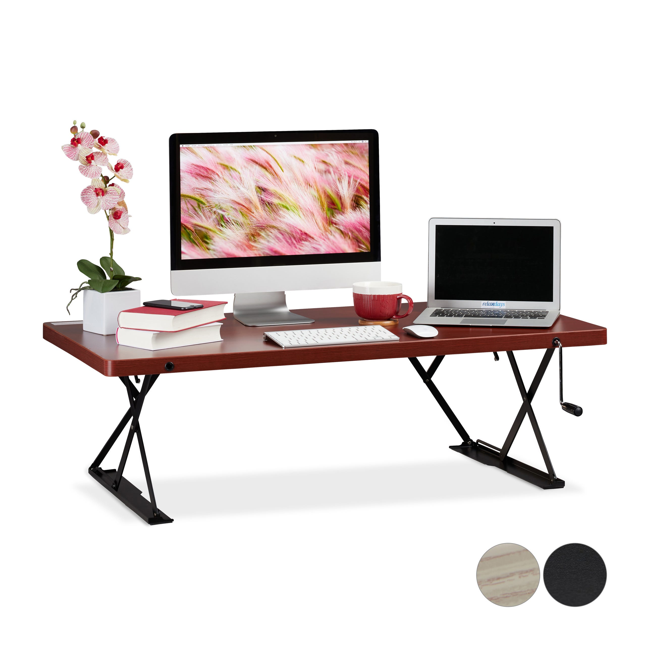 Relaxdays Poste de travail debout assise Station bureau XXL hauteur réglable  manuel ergonomique 120x60 cm, brun rouge