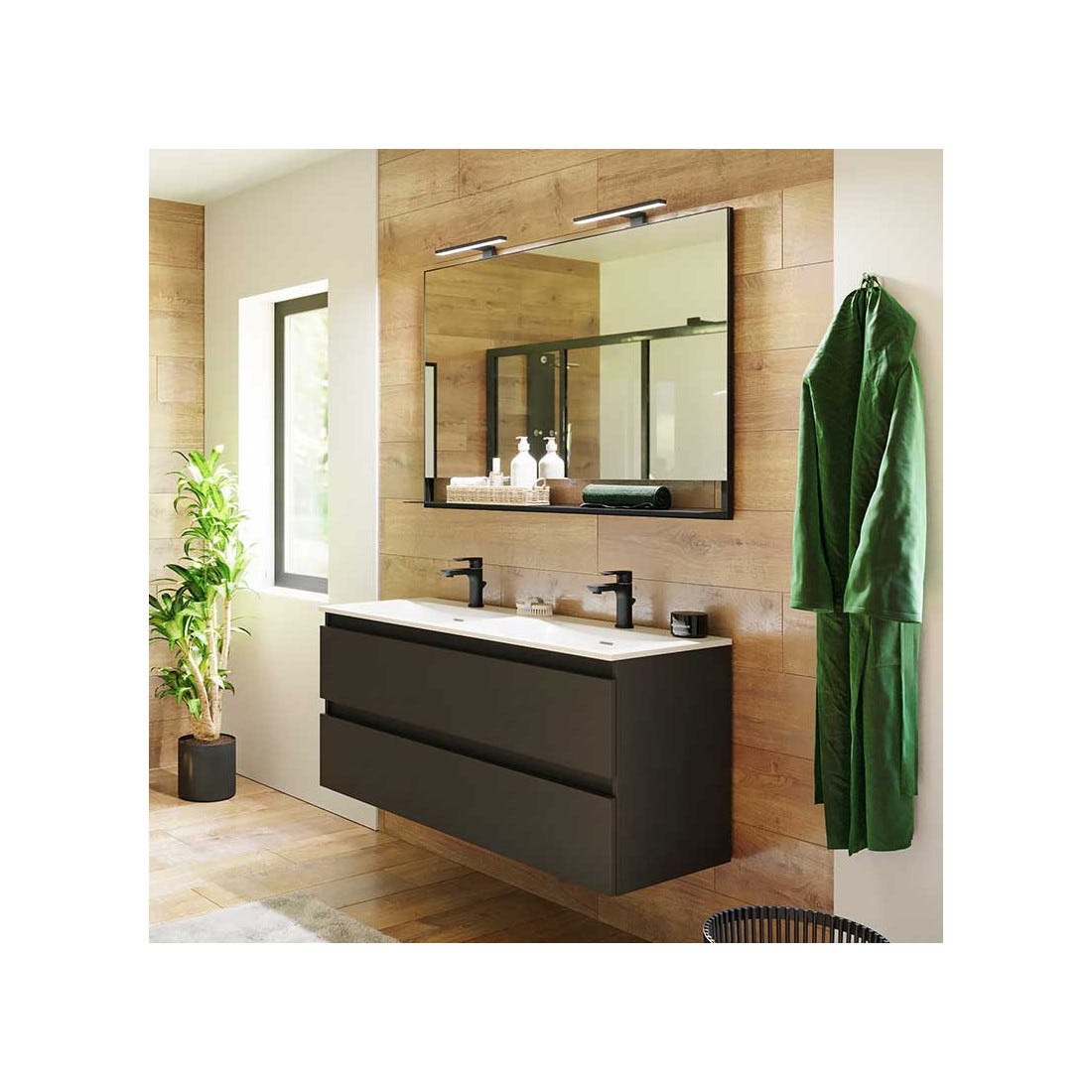 Ensemble meuble salle de bain 120 cm Noir + double vasque + miroir - WADERN