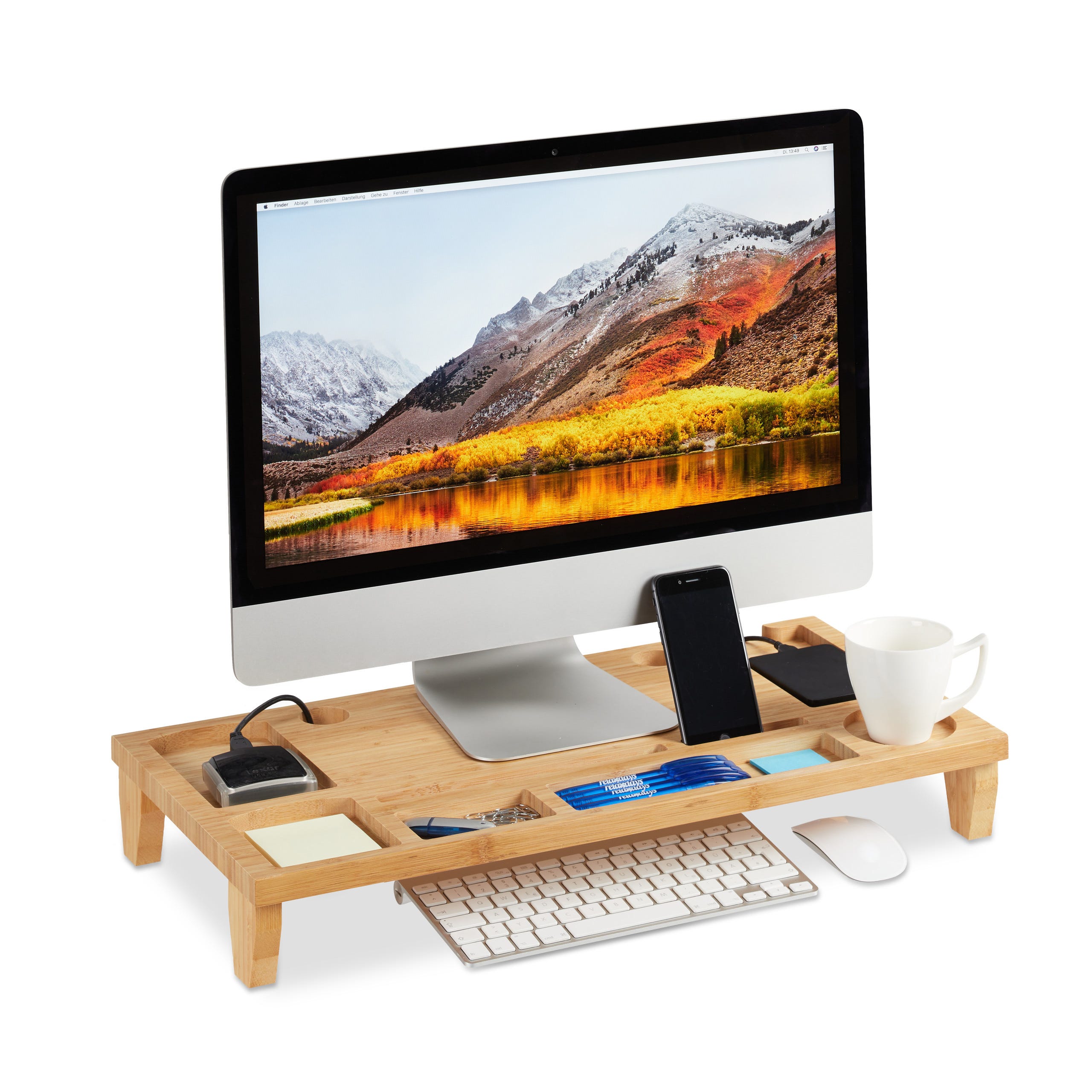 Relaxdays Support moniteur en bambou, Rehaussement écran PC, Support d'écran  8 compartiments, HLP 8 x 9 x 30cm, naturel