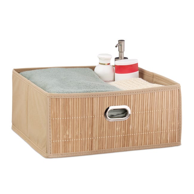 Relaxdays Panier de rangement en bambou, corbeille de salle de bain carrée,  plate, 14 x 31 x 31 cm, pliante, blanc