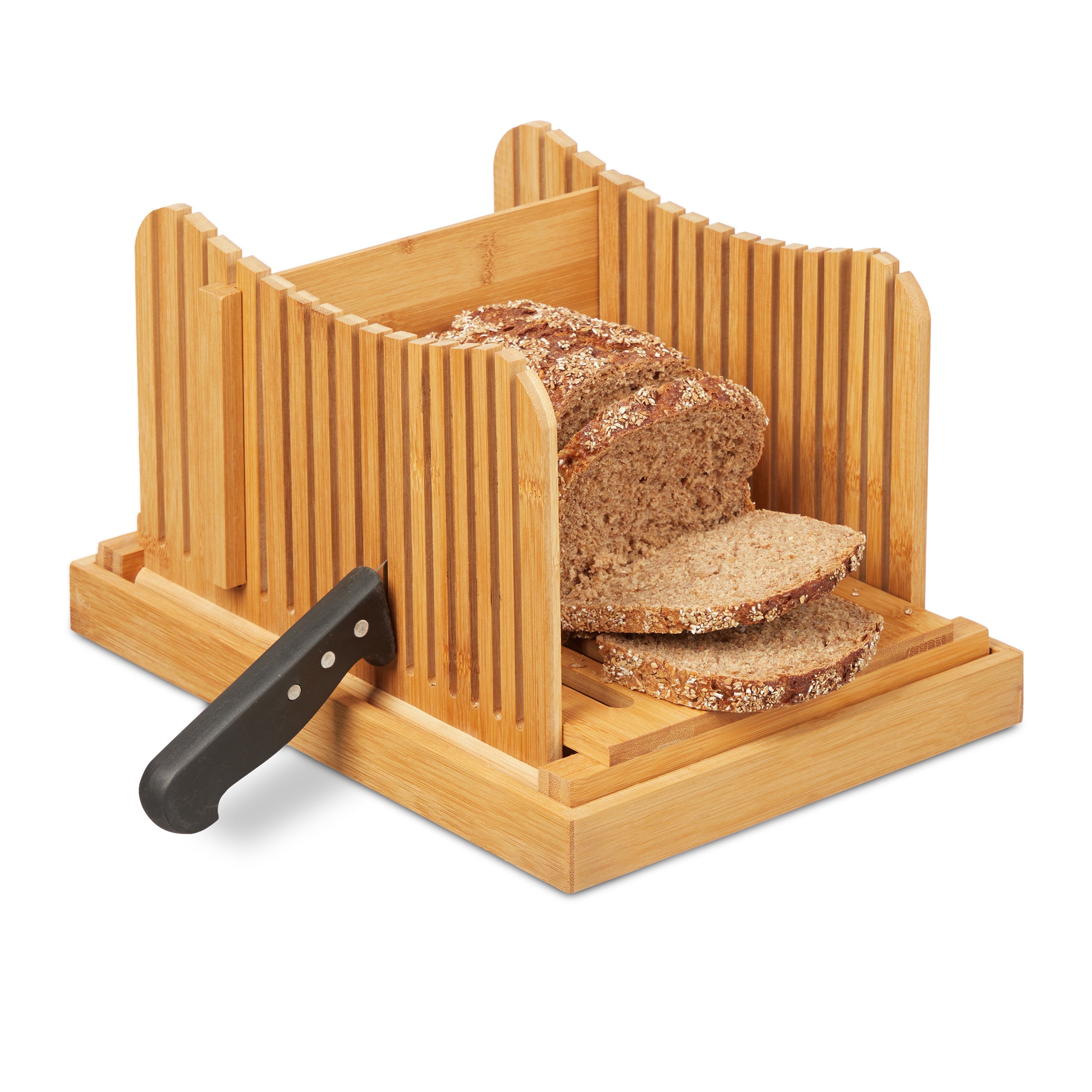pain compact 3 épaisseurs réglables pour pain fait maison bagels gâteaux Trancheuse à pain en bambou – Réglable pain guide de tranchage avec ramasse-miettes toast pliable 