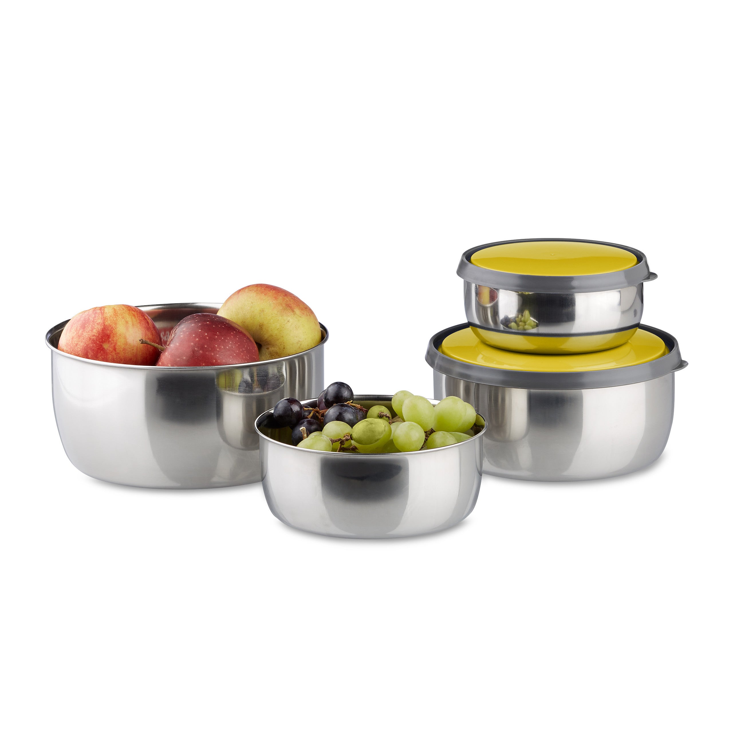 Relaxdays Set di 4 Ciotole con Coperchio, Varie Misure, Scodelle Contenitore  in Acciaio Inox, Cucina e Campeggio, Giallo