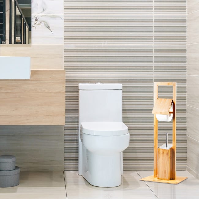 Vente-Unique - Ensemble toilettes NIKOLAOS porte-rouleau et brosse pour WC  - Métal et bambou - Blanc et bois - Accessoires de salle de bain - Rue du  Commerce