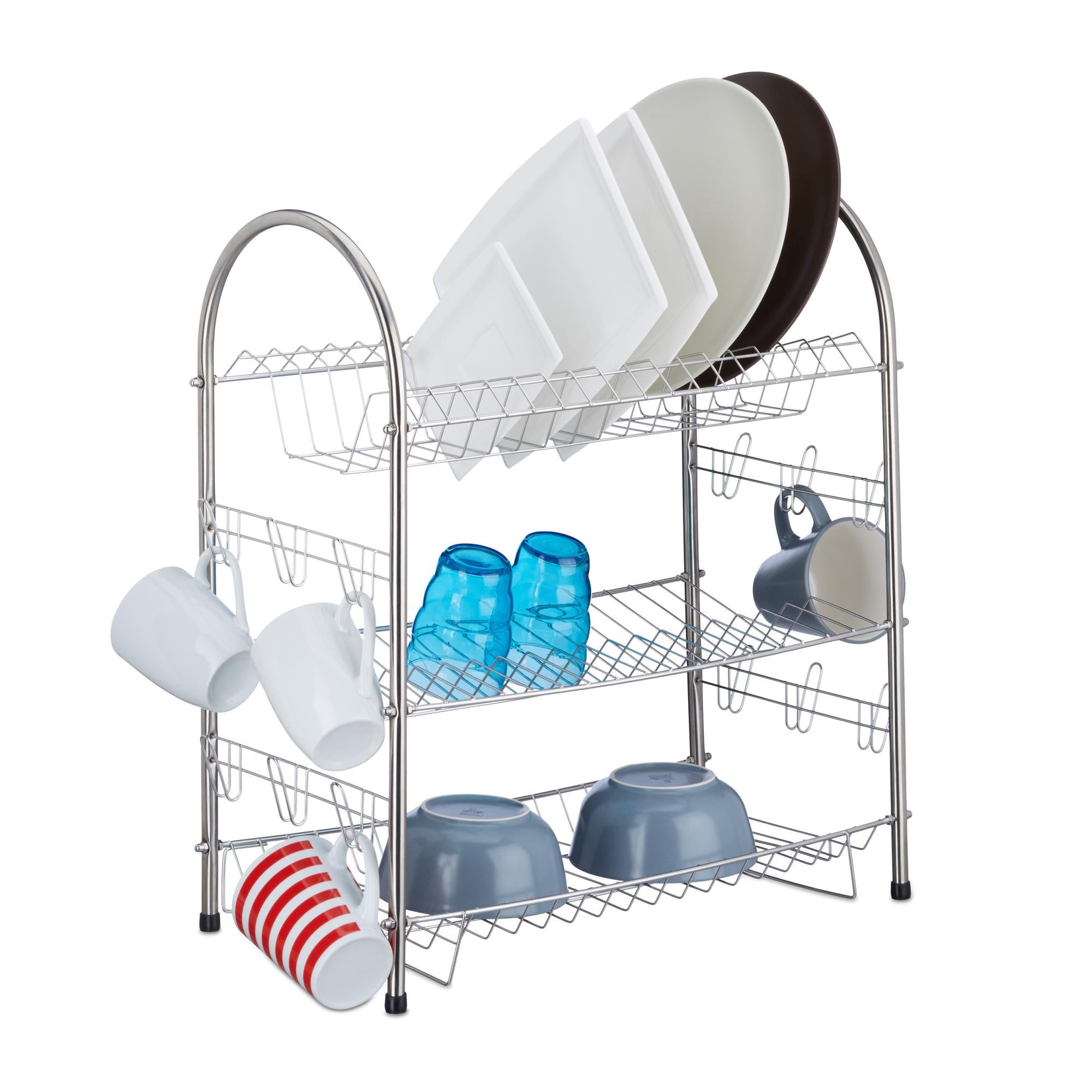 Scolapiatti A 2 Livelli LIONONLY | Acciaio Inox | Drenaggio Automatico | Con Portaposate | 43x33x33 Cm