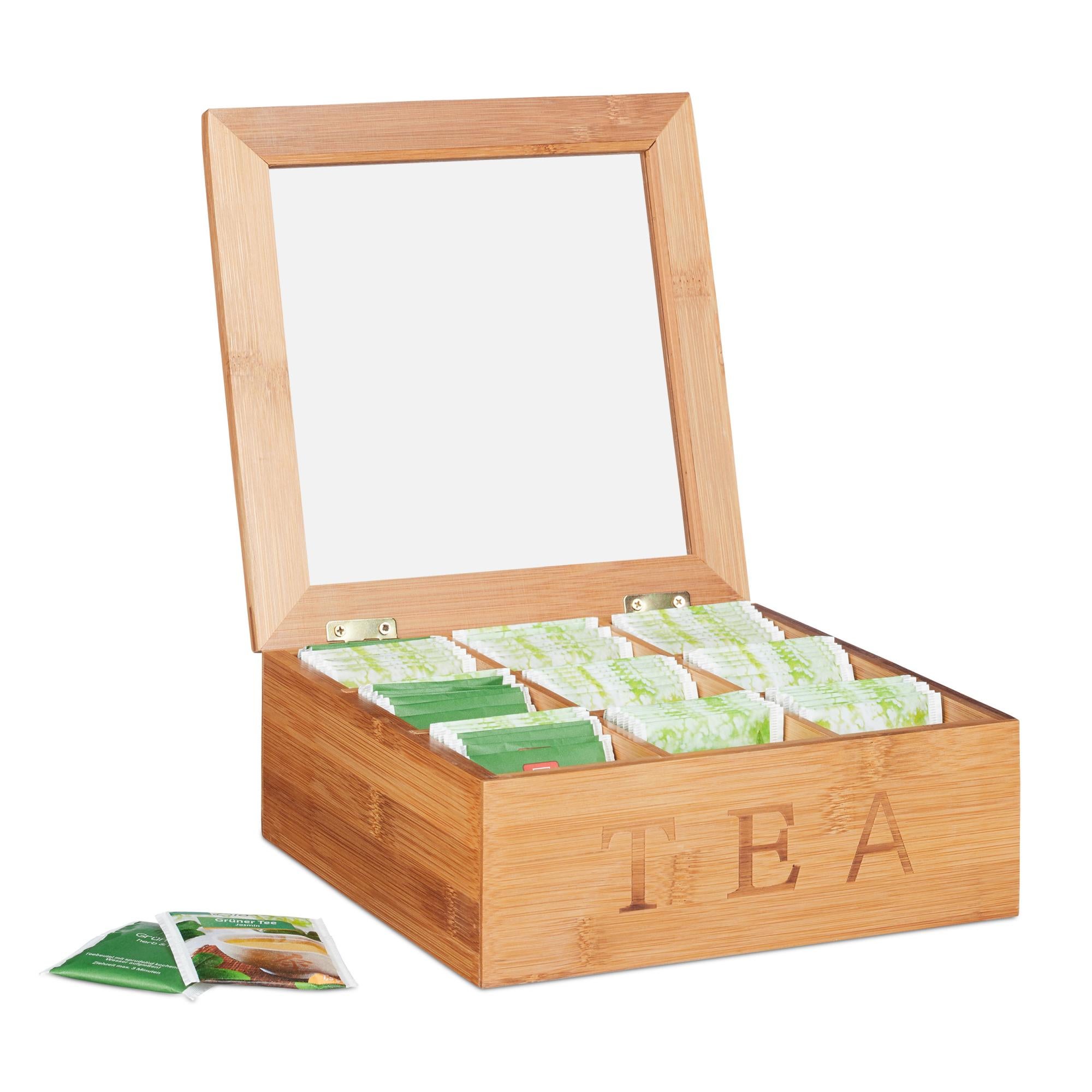 Relaxdays Organizer Da Cucina In Bambù Estensibile - 4 Scomparti E 2 Ripiani, Per Spezie, Tazze, Cialde Caffè E Tè, Naturale, 18x33x15 Cm