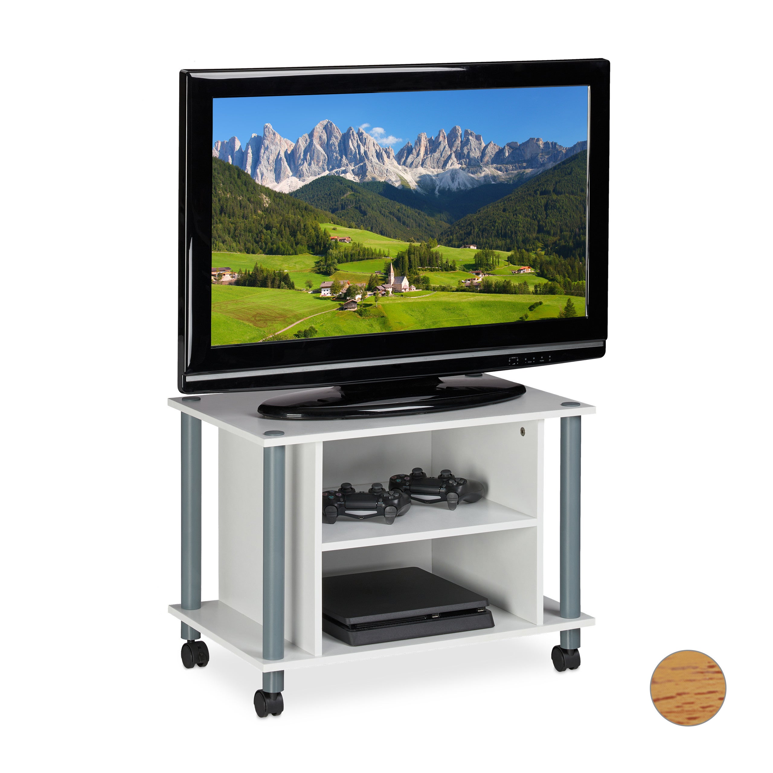 Relaxdays Mobile TV con Ruote, 2 Ripiani, Mobiletto Porta Televisore,  45x60x40 cm, Tavolo Televisione, Bianco Argentato