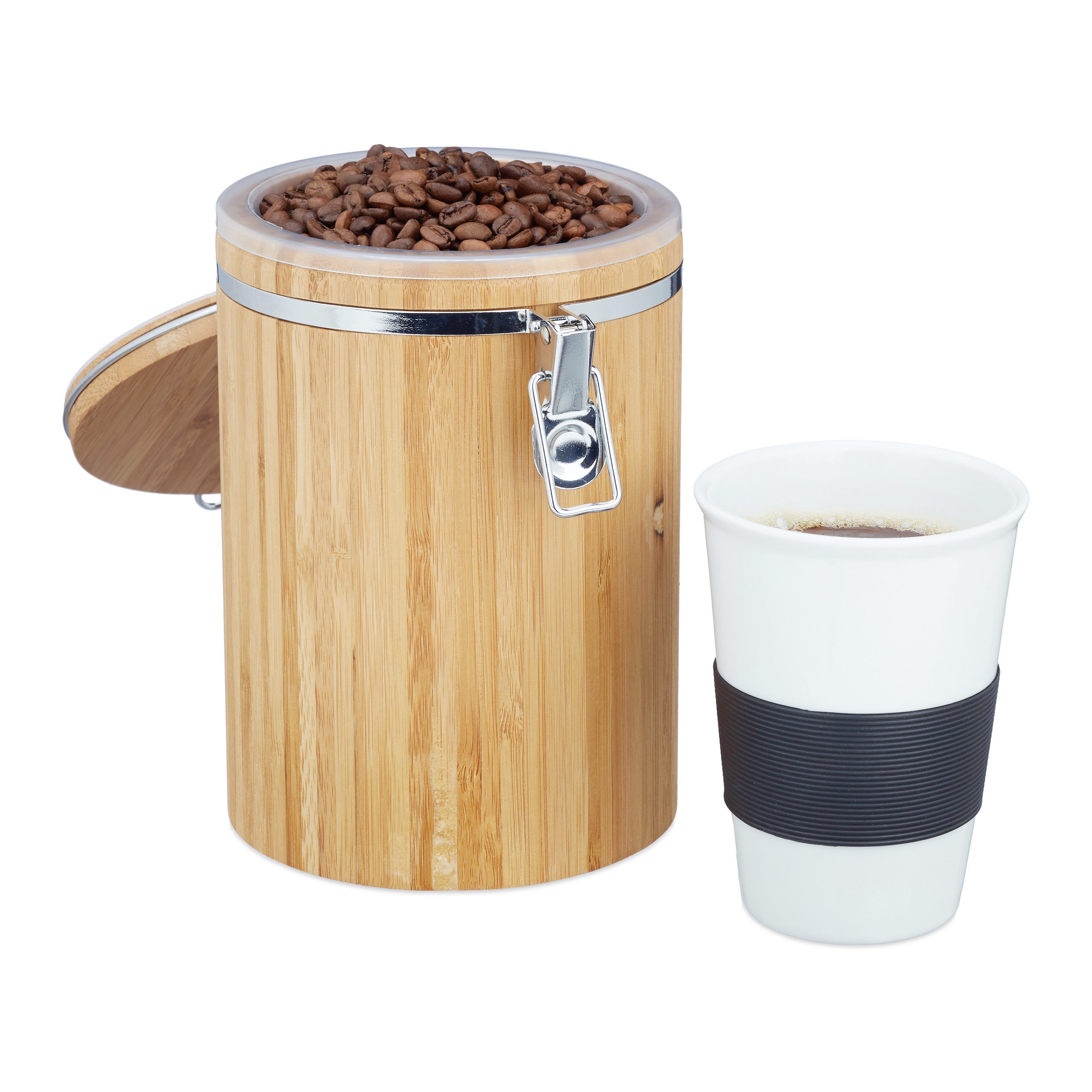 Boite à café métal et couvercle bambou noir D 10x14cm - Centrakor