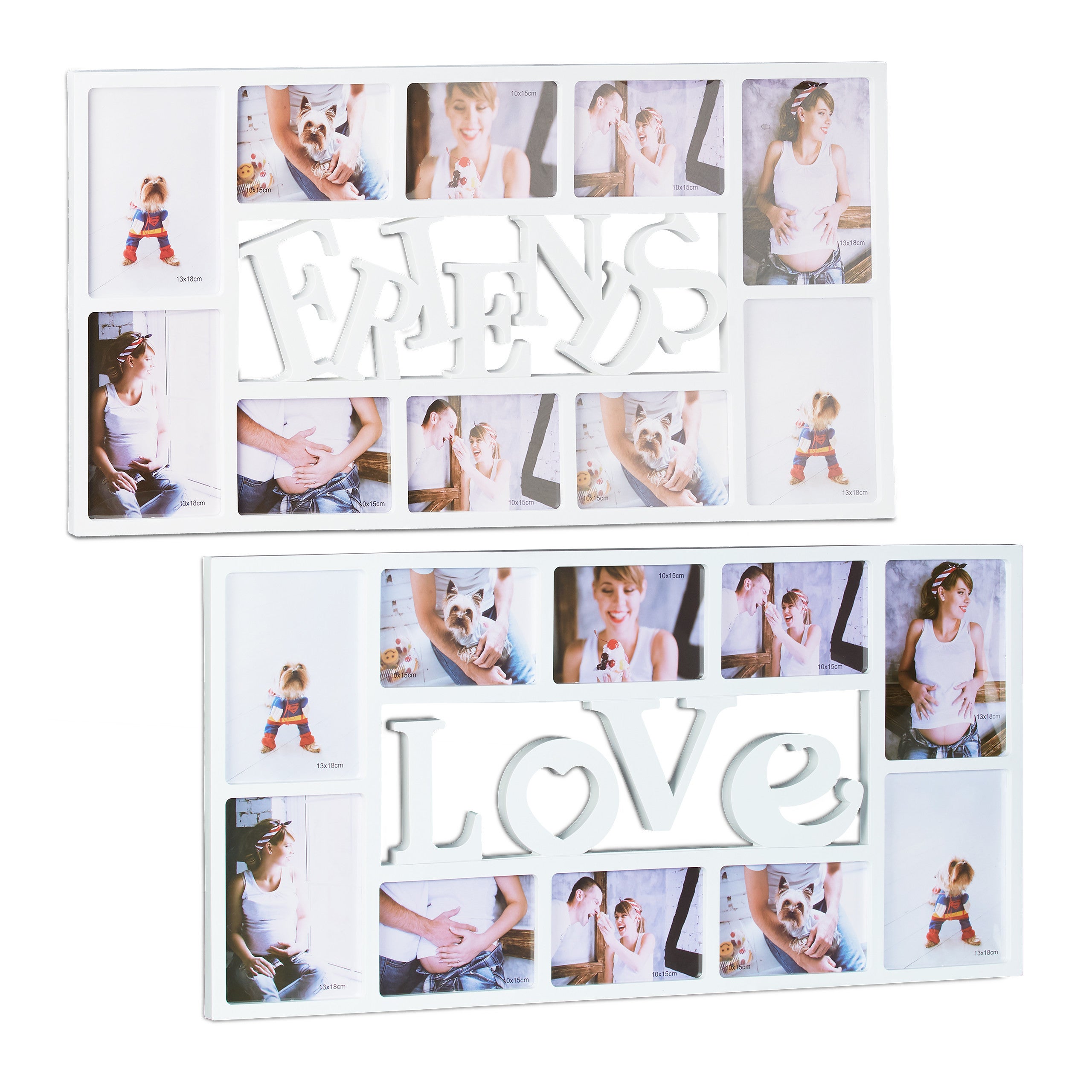2x Cornice 10 Foto Friends e Love, Portafoto Multiplo da Parete, HLP: 37 x  72 cm, Decorazione Salotto, Bianco