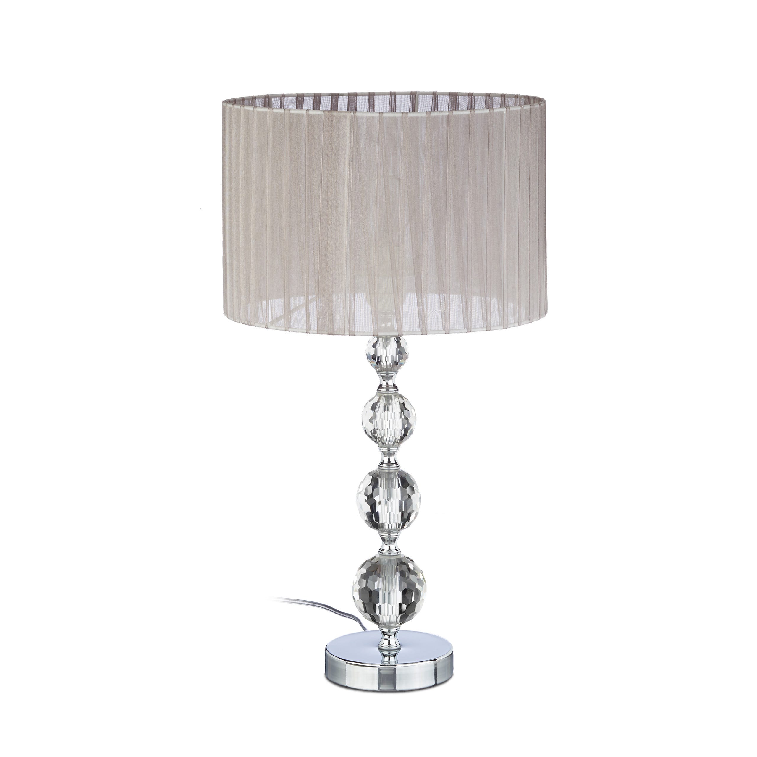 Relaxdays Lampe de chevet abat-jour tissu voile boules verre cristal lampe  de nuit HxlxP: 53x29,5x29,5 cm, claire/argent