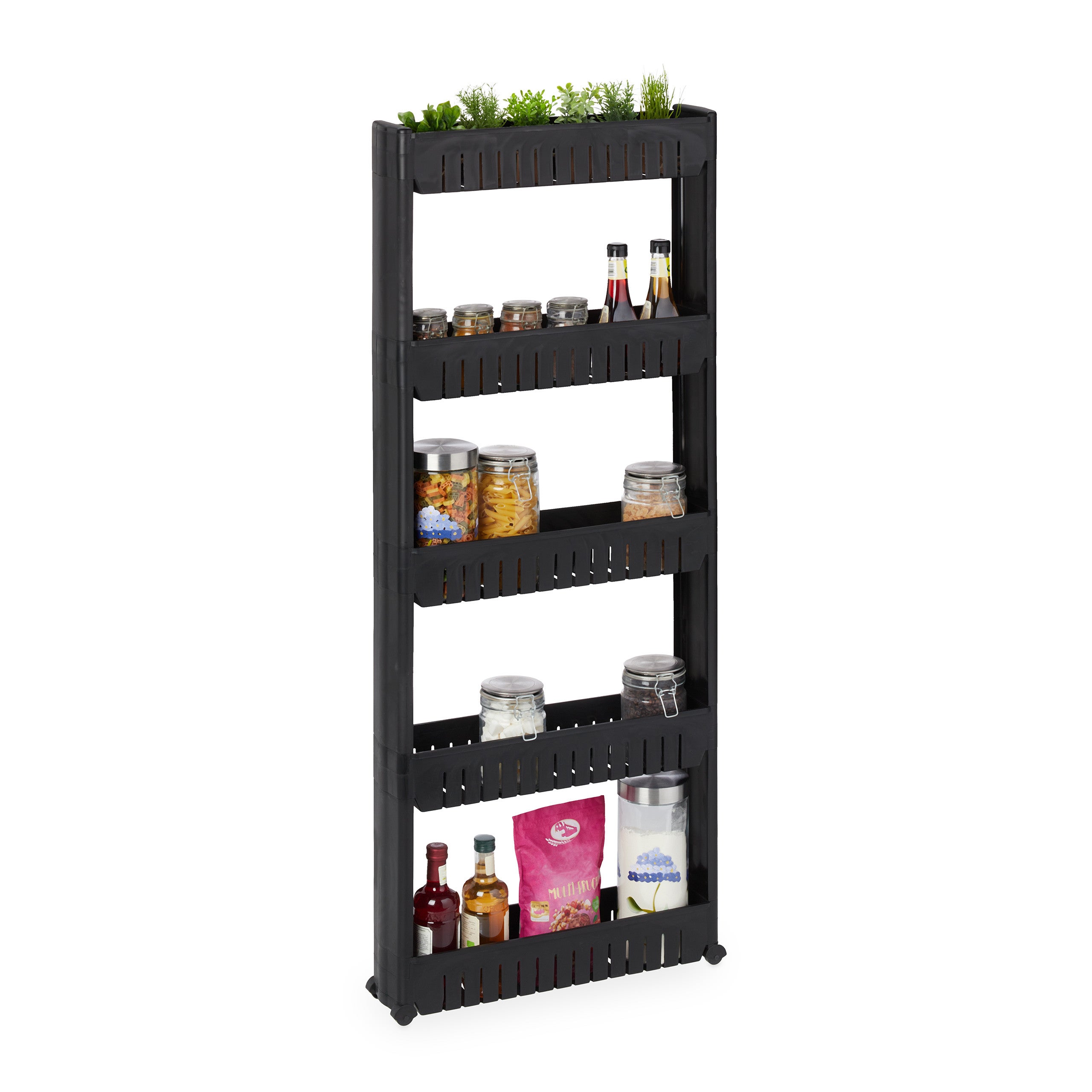 Relaxdays Mobile Salvaspazio, 5 Ripiani, Scaffale Stretto per Bagno & Cucina,  Carrello Portaoggetti in Plastica, Nero