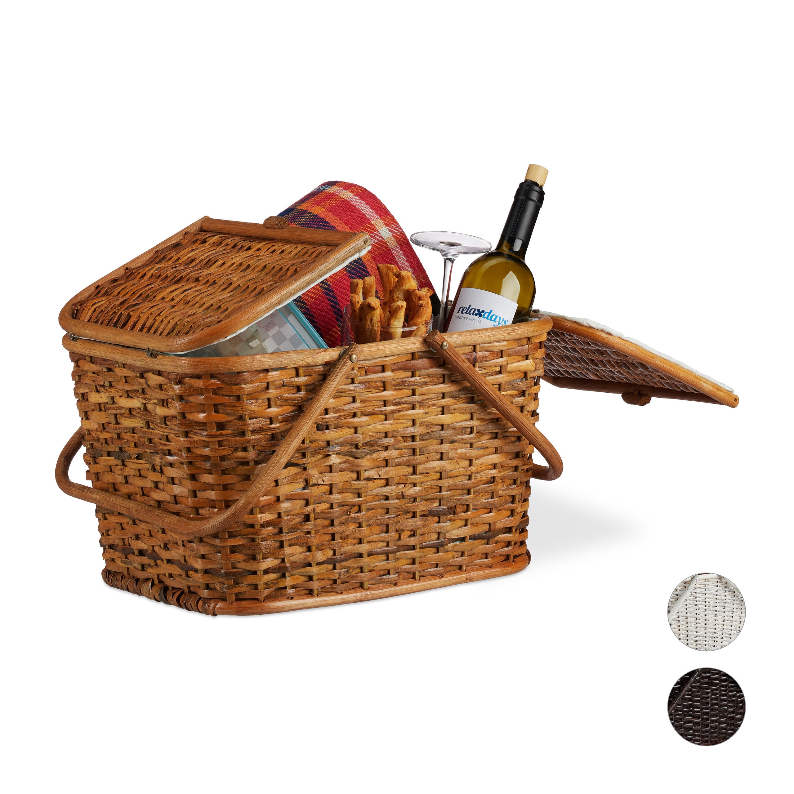 Relaxdays Cestino Da Picnic Con Coperchio, Intrecciato, Fodera In Tessuto,  Manici, Cesto Per Spesa, Fatto A Mano, Rattan, Marrone Cioccolato