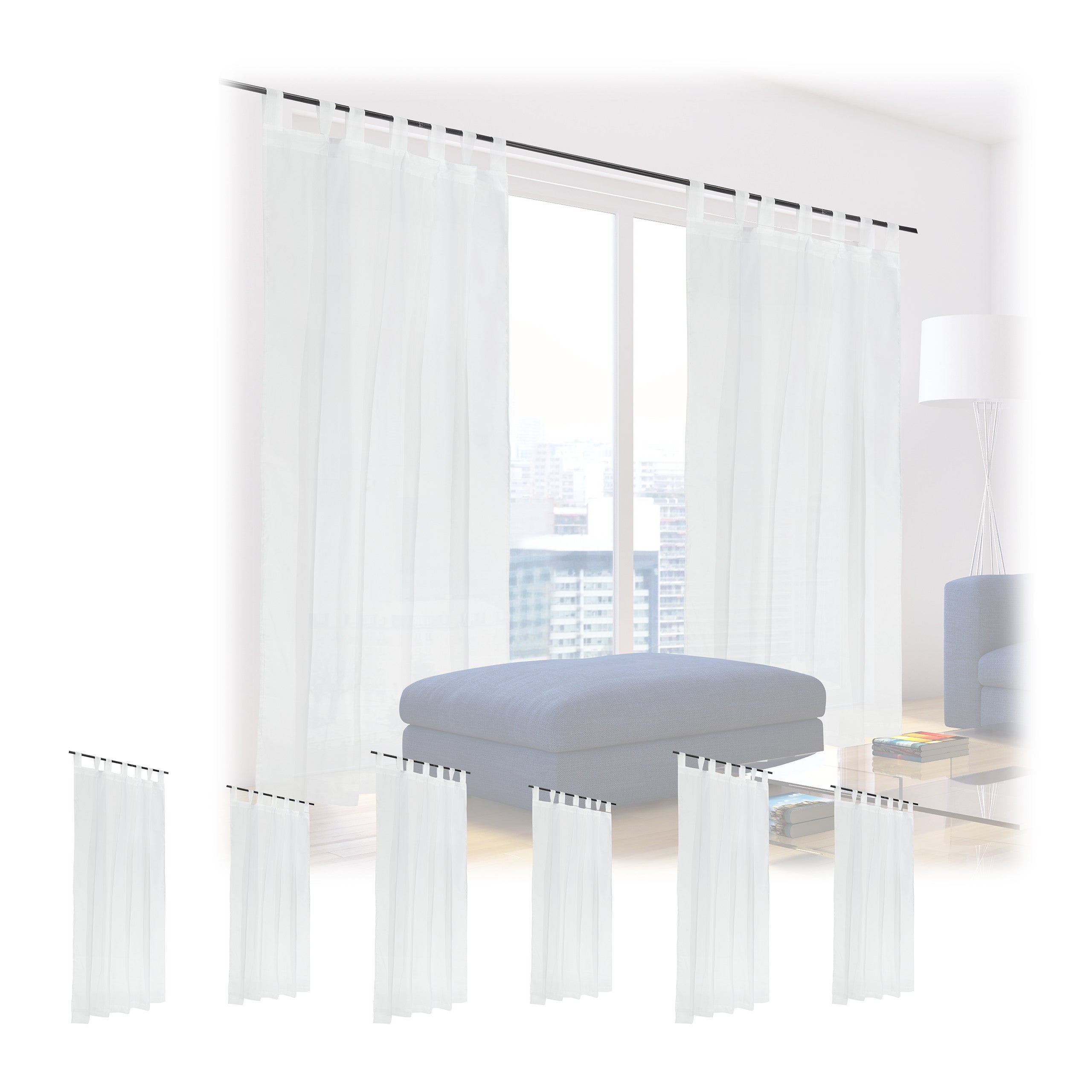 6x Tende da Soggiorno, HxL: 225 x 140 cm, Trasparenti, per Camera da Letto,  Varie Misure, Moderne, Voile, Bianco