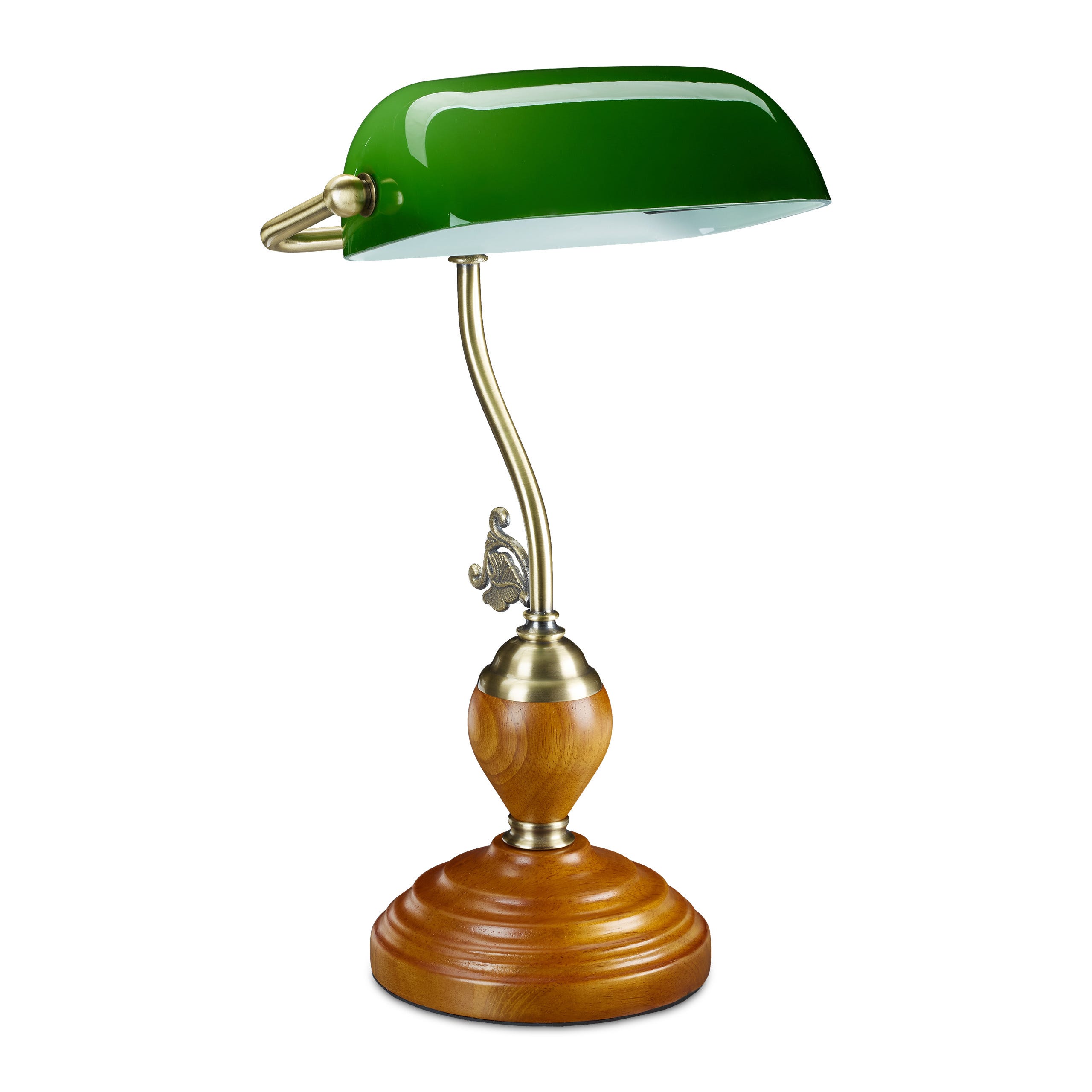 Relaxdays Lampe de banquier, avec abat-jour en verre inclinable, socle en  bois, bureau, rétro, E27, bibliothèque, vert
