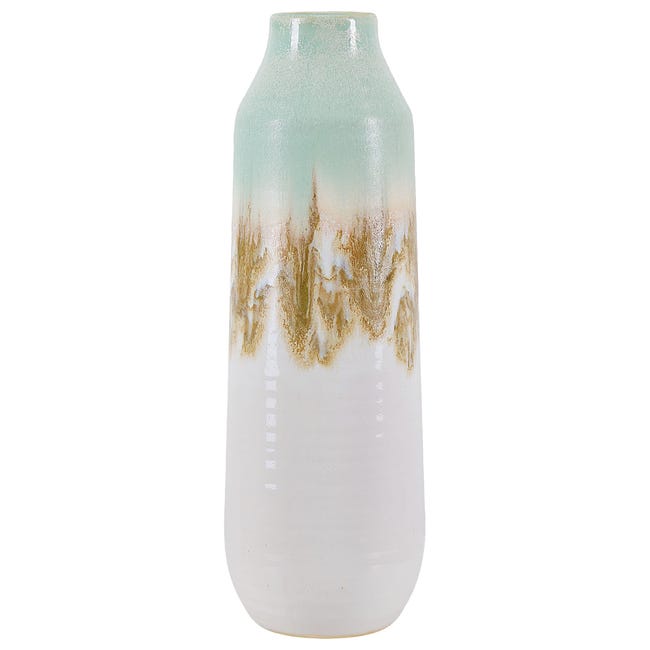 Vaso In Gres Porcellanato Bianco E Blu, Motivo Floreale, Altezza 22 Cm, Fatto A Mano