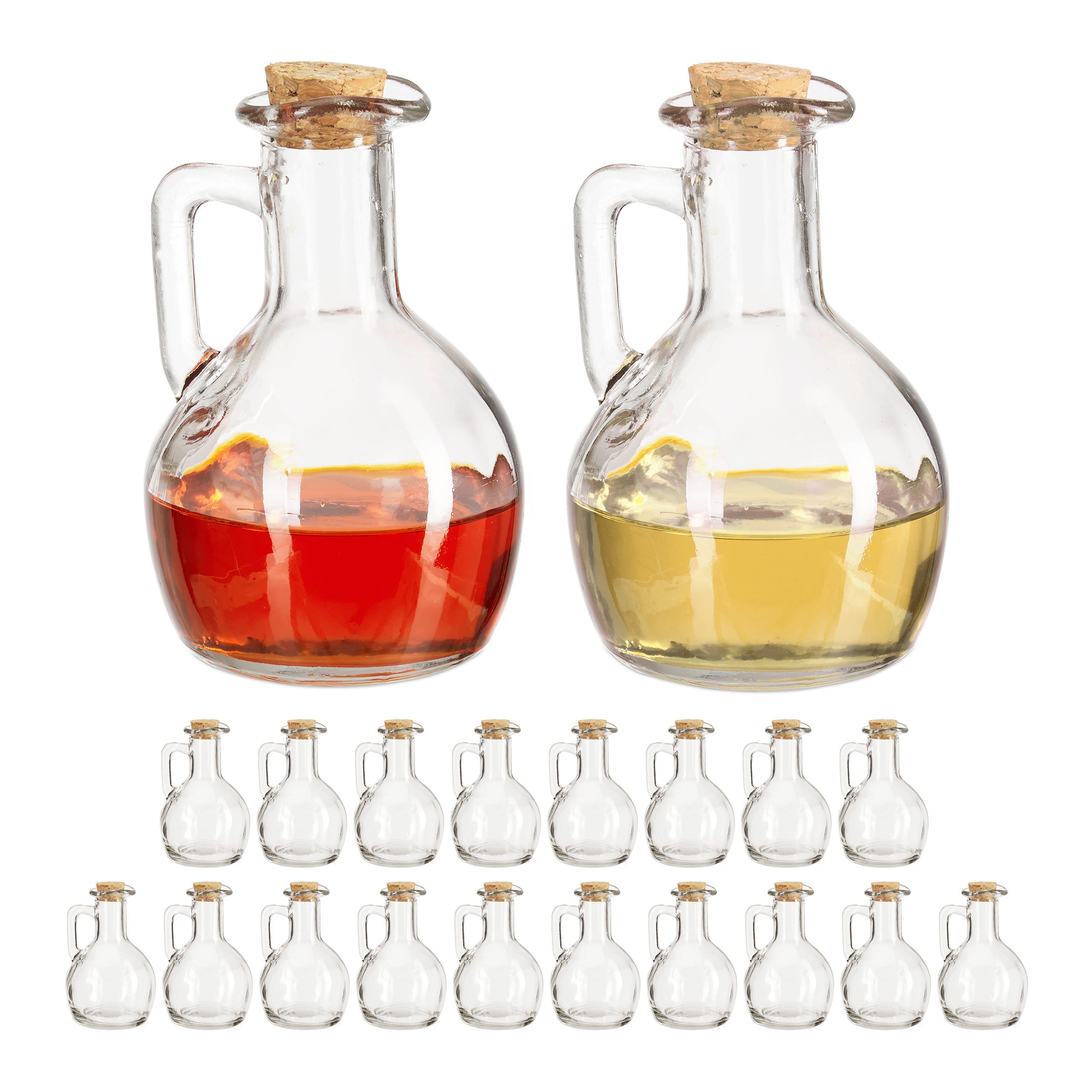 2x Porta Olio e Aceto, 2in1, Bottiglie con Tappo in Sughero, Ampolla  Doppia, 375 ml e 50 ml, vetro, trasparente