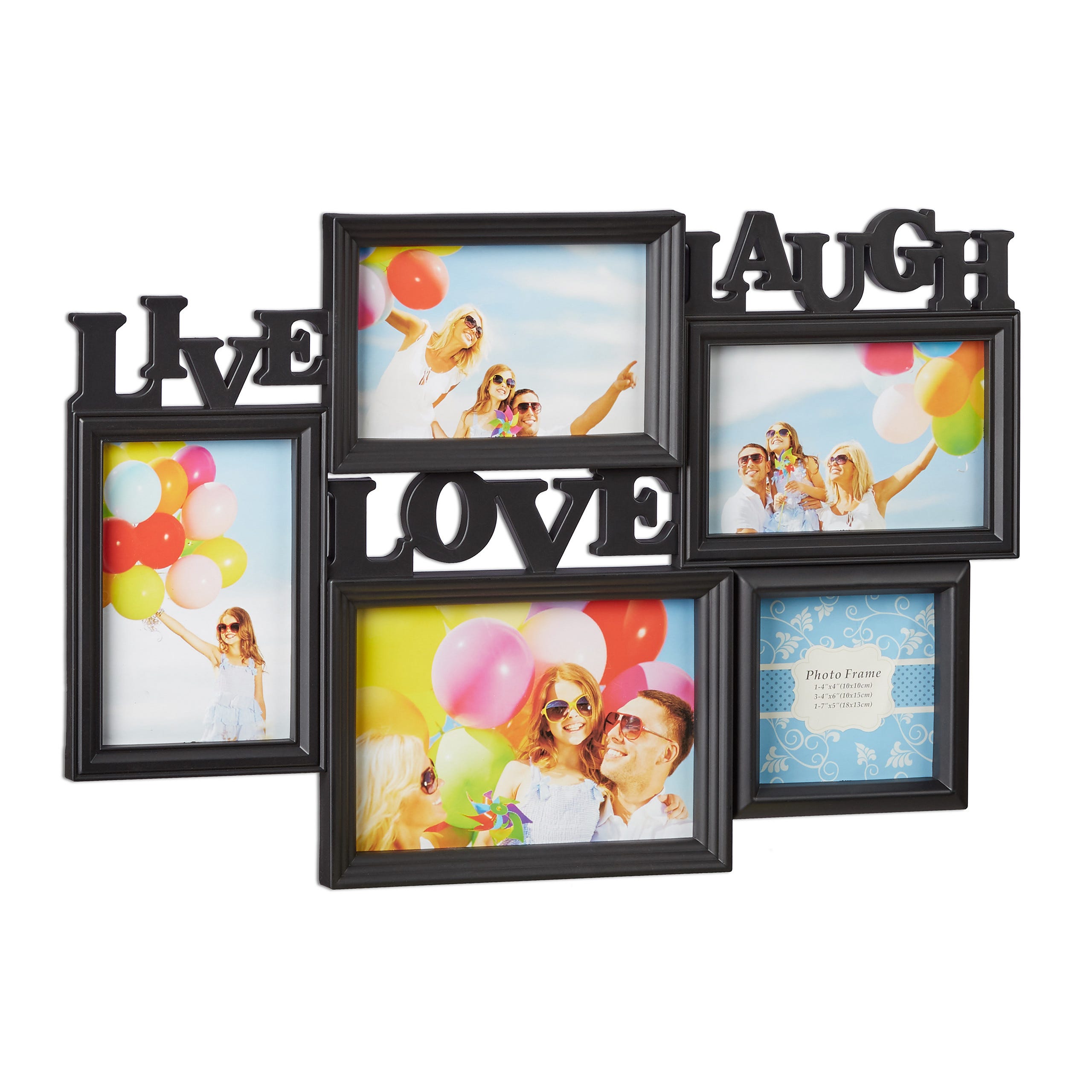 Relaxdays Cornice Multifoto Live Love Laugh, Portafoto da 5 Foto Diverse  Misure, Collage 3D 31x45,5, Decorazione, Nero