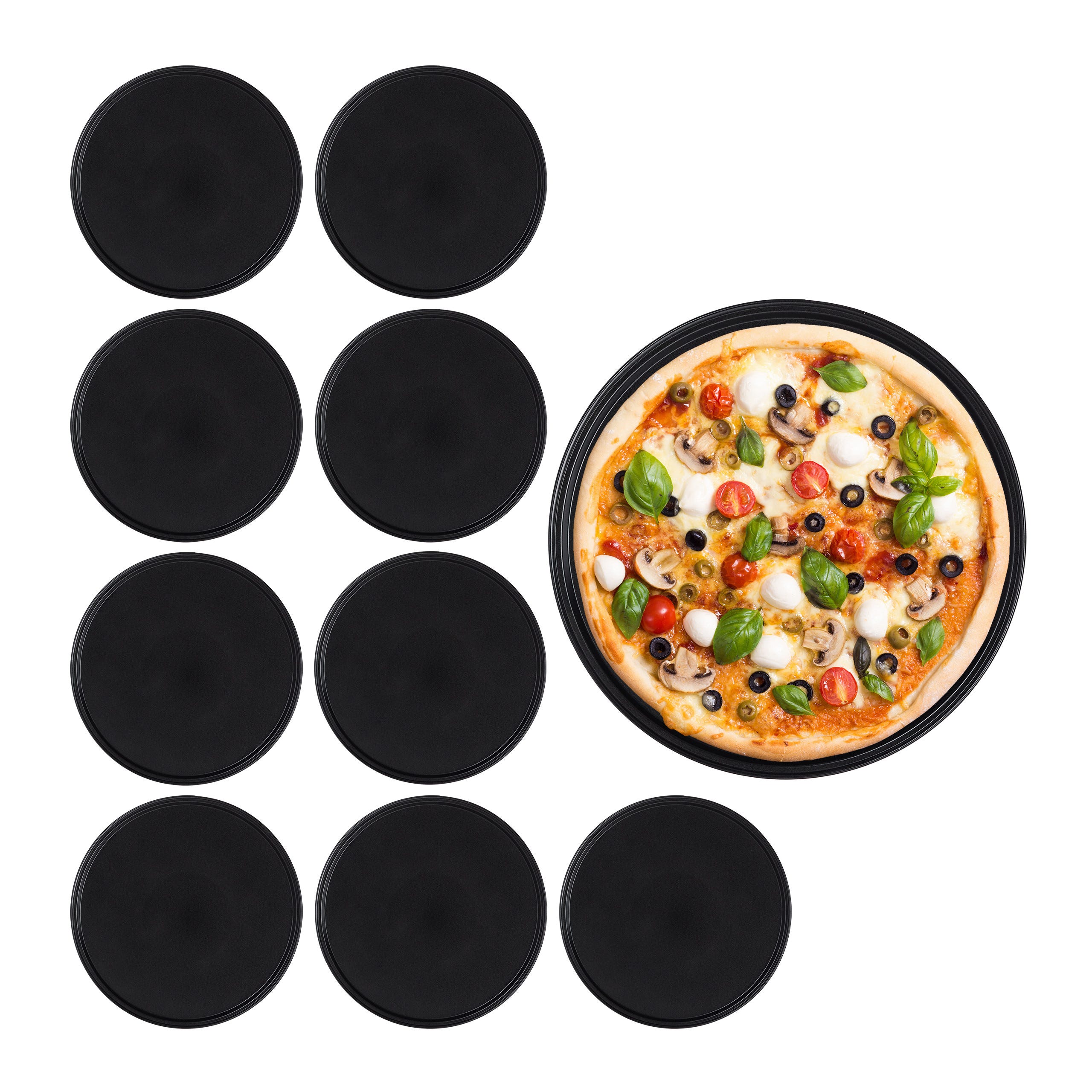 Relaxdays Teglie per Pizza, Set da 10, Ruoto Rotondo & Antiaderente per  Crostate, Acciaio al Carbonio, ∅ 32 cm, Nero