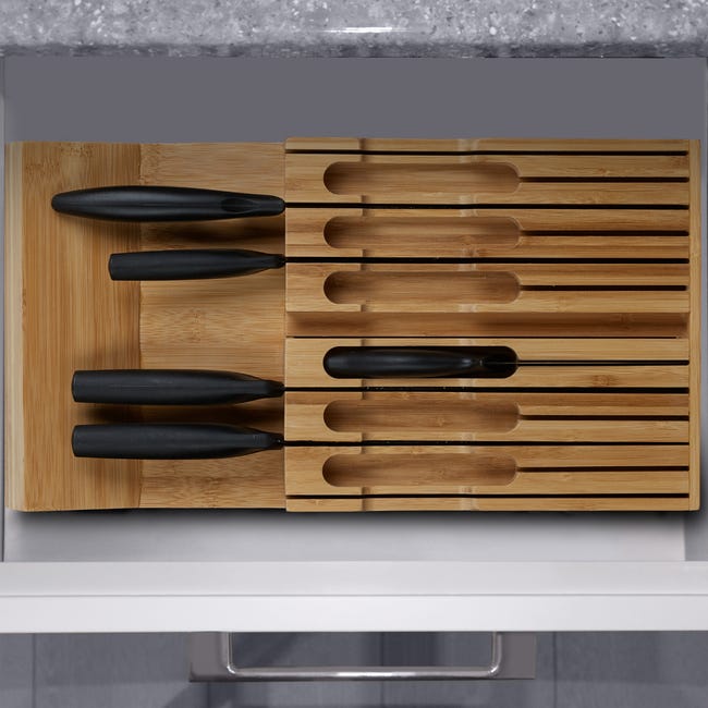 Relaxdays Range couteaux tiroir, 12 couteaux & aiguisoir, bloc en bambou,  horizontal, HLP: 4,5 x 43,5 x 23 cm, nature
