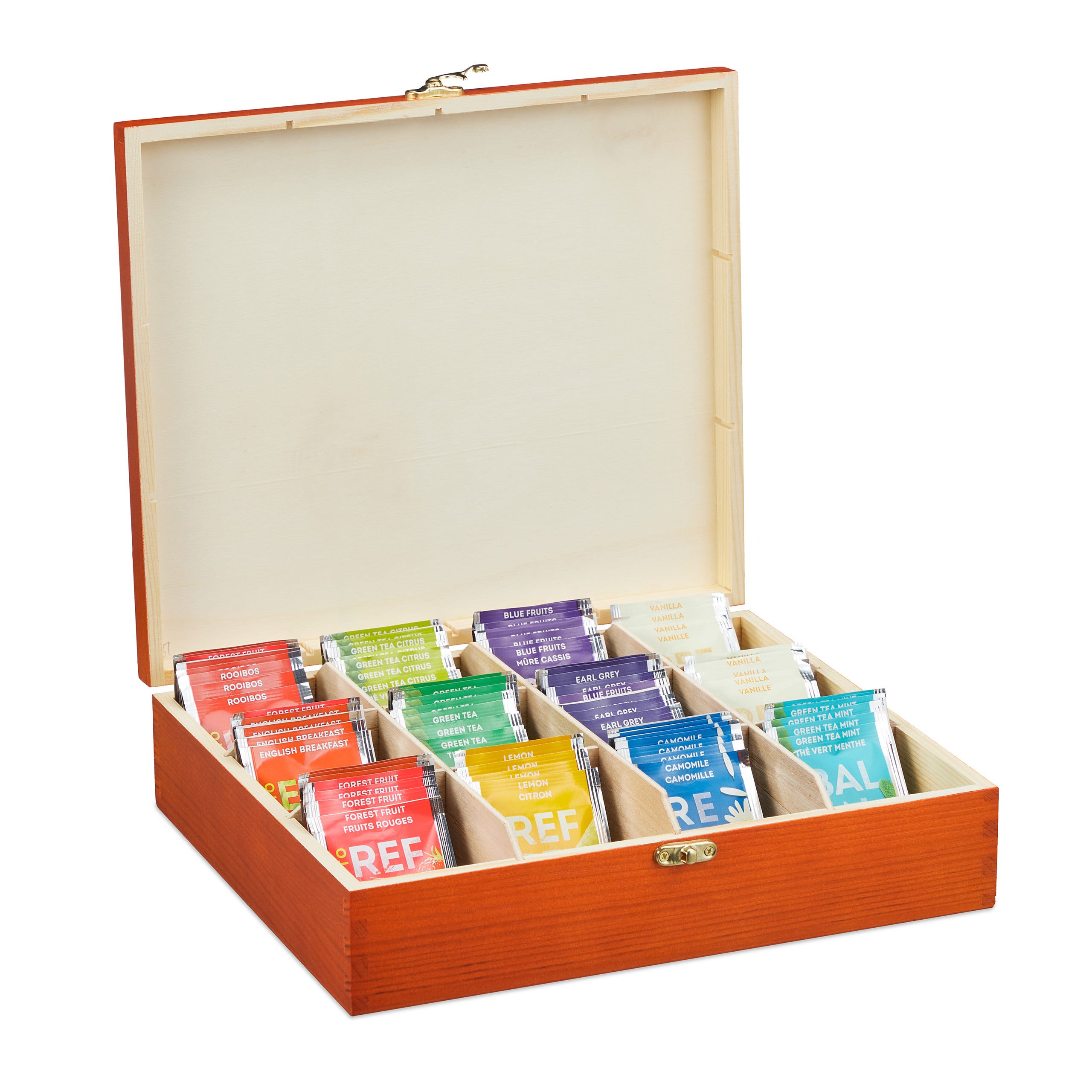 Relaxdays Boîte à thé coffret à thé organiseur bois 8 compartiments  couvercle aromes HxlxP: 8,5 x 30,5 x 15,5 cm, marron