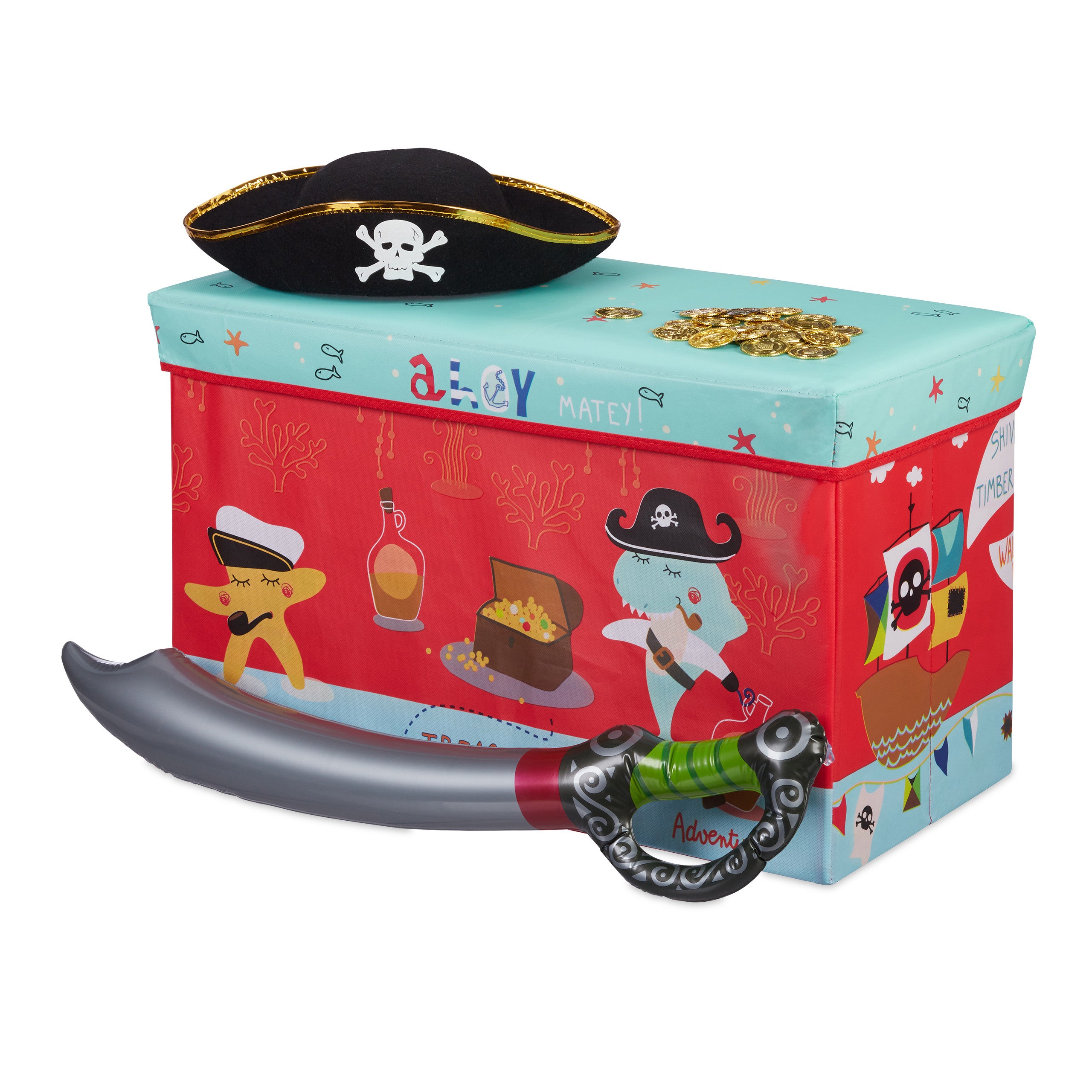 Salvaspazio Rosso Bimbi e Bimbe Sgabello Contenitore per Giocattoli Pirati Relaxdays Pouf per Bambini Pieghevole 