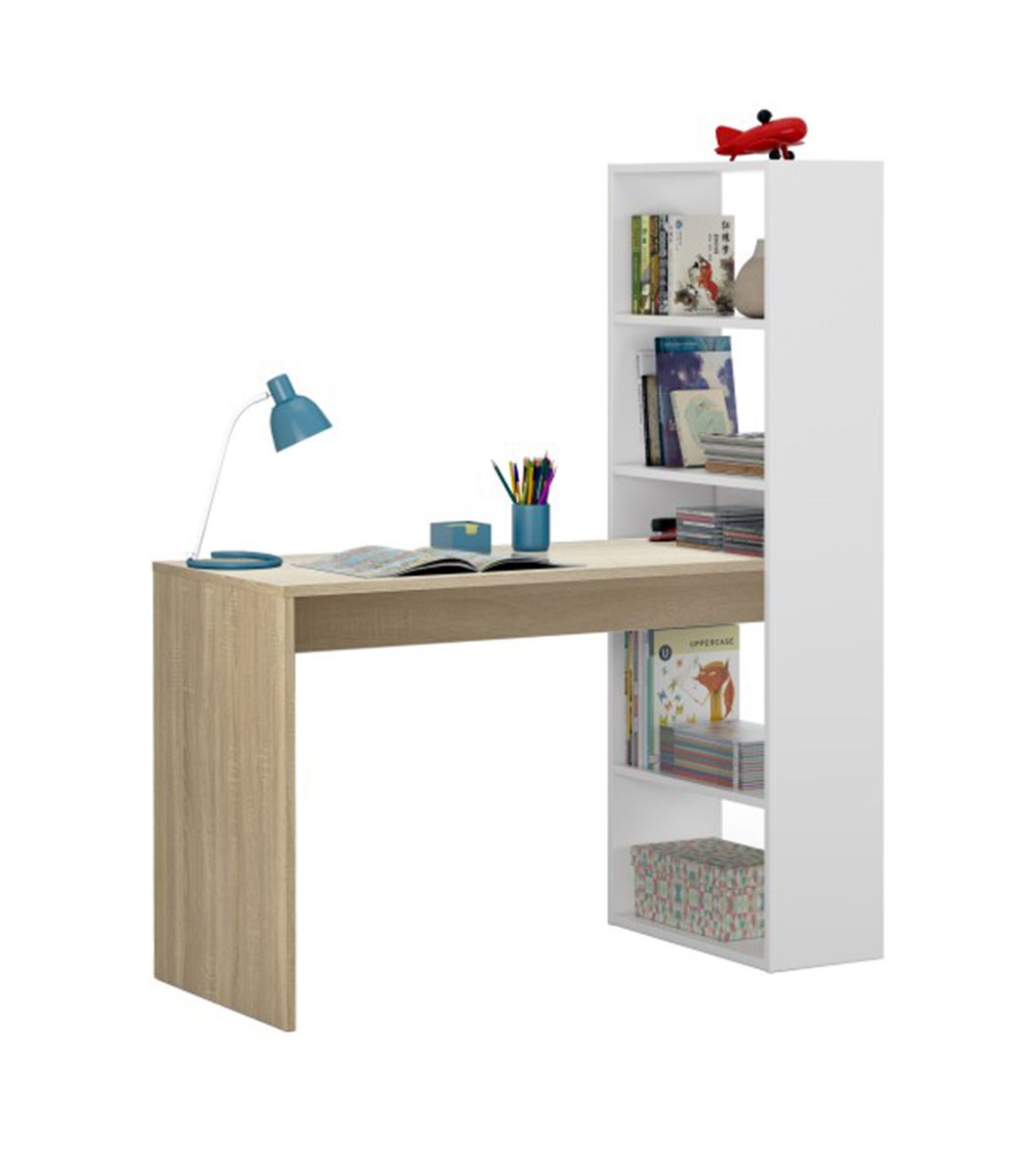 Bureau avec étagère intégrée coloris blanc artic / chêne canadien - Hauteur  144 x Longueur 120 x Profondeur 53 cm
