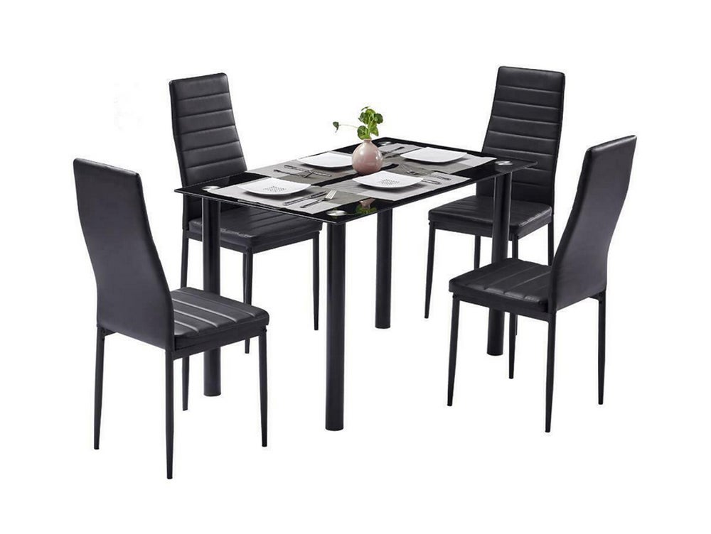 Set tavolo con 4 sedie imbottite in vetro e metallo nero 